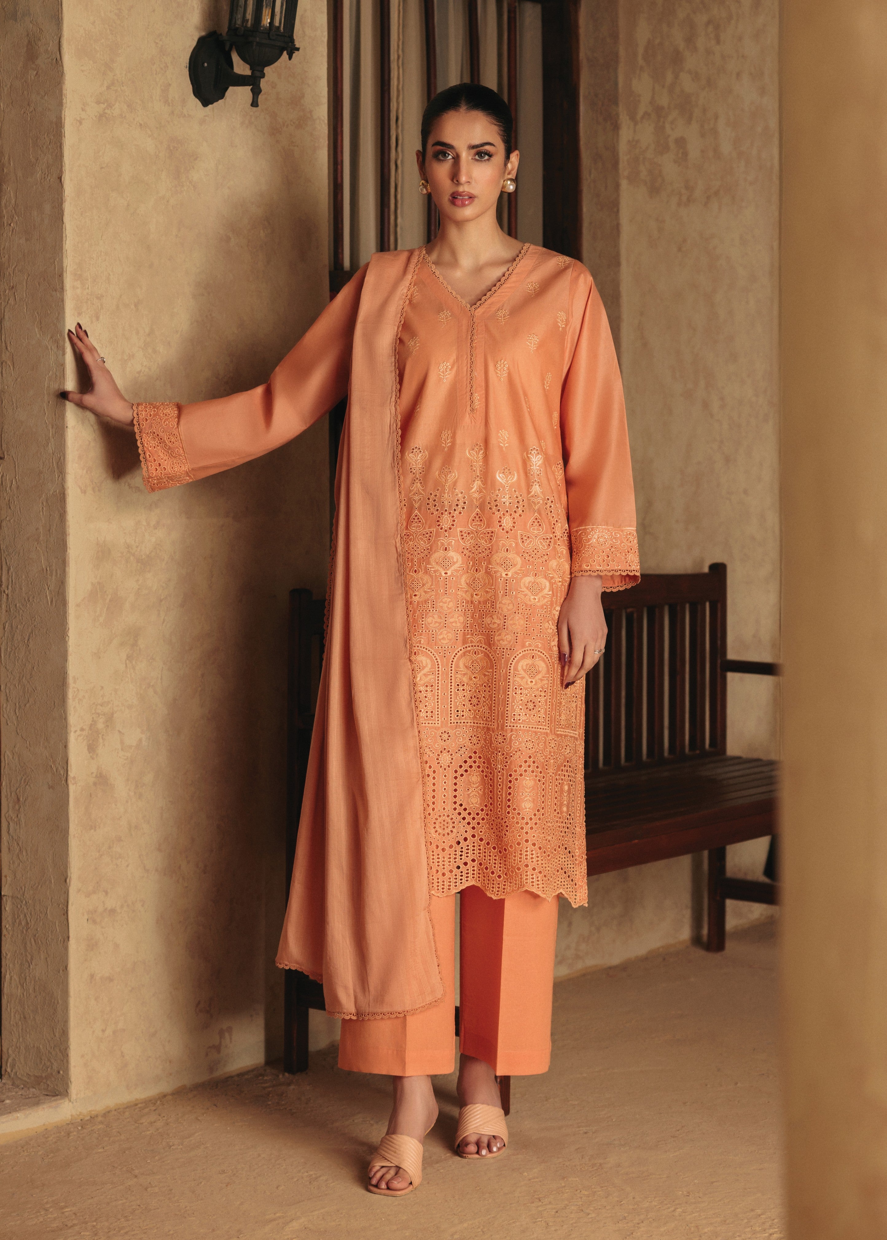 lawn Kurta Set in Coral orange