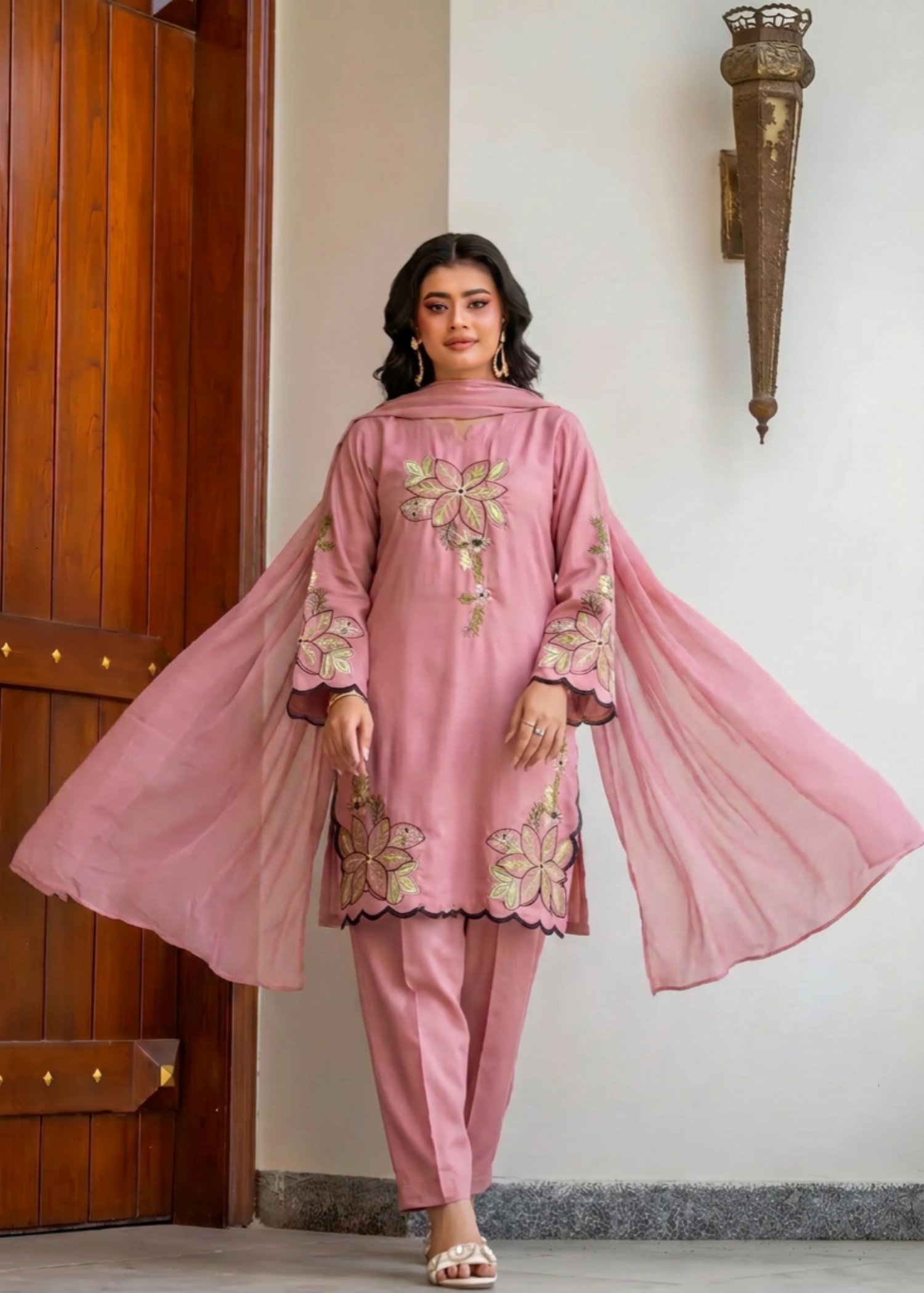 linen Kurta Set in Rose pink
