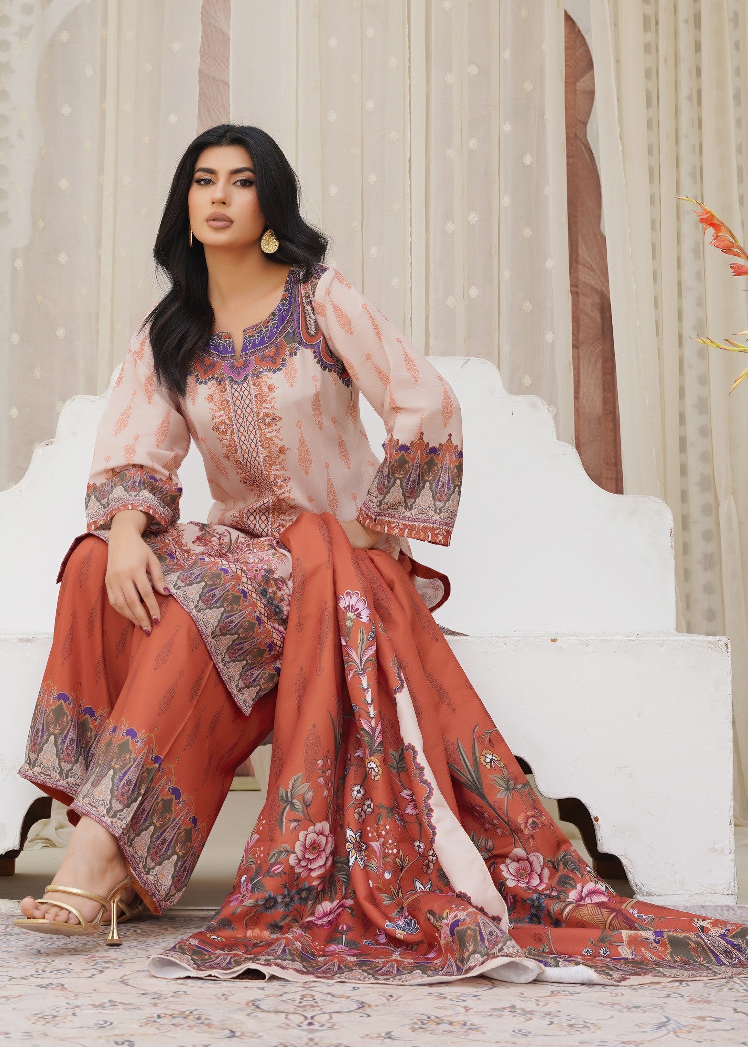 raw silk Kurta Set in Champagne, burnt orange