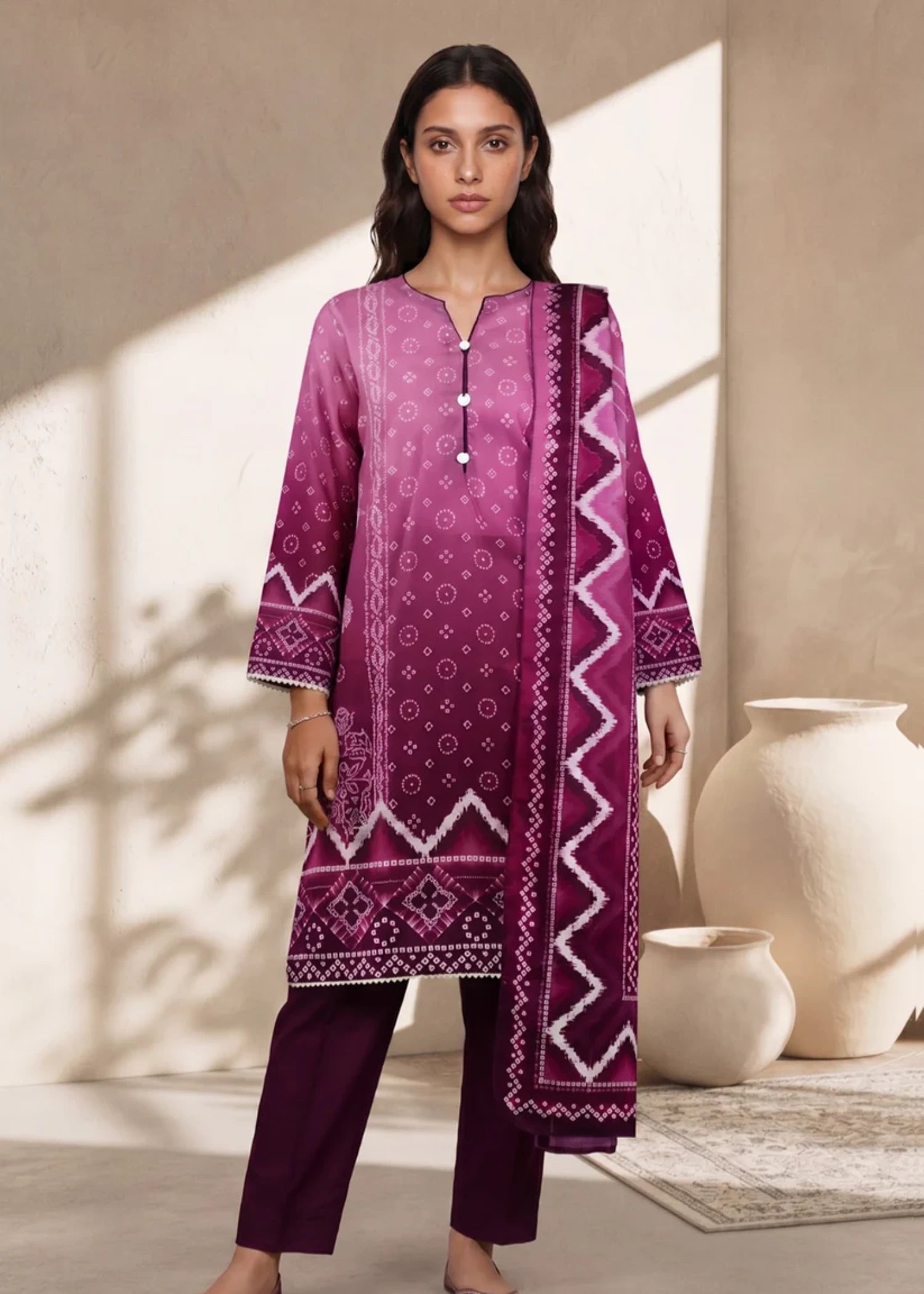 slub lawn Kurta Set in Purple