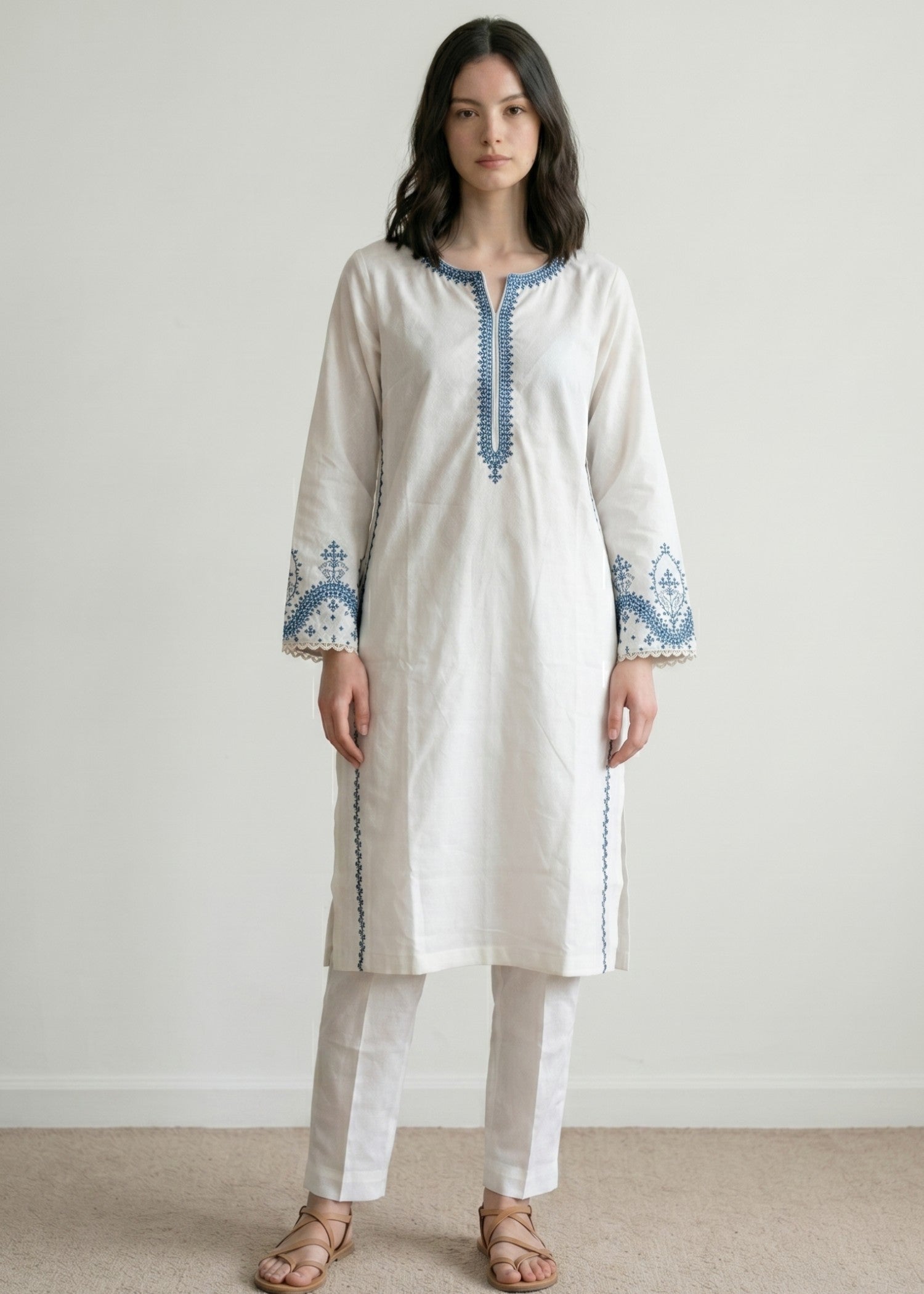 cotton jacquard Kurta Set in Ivory