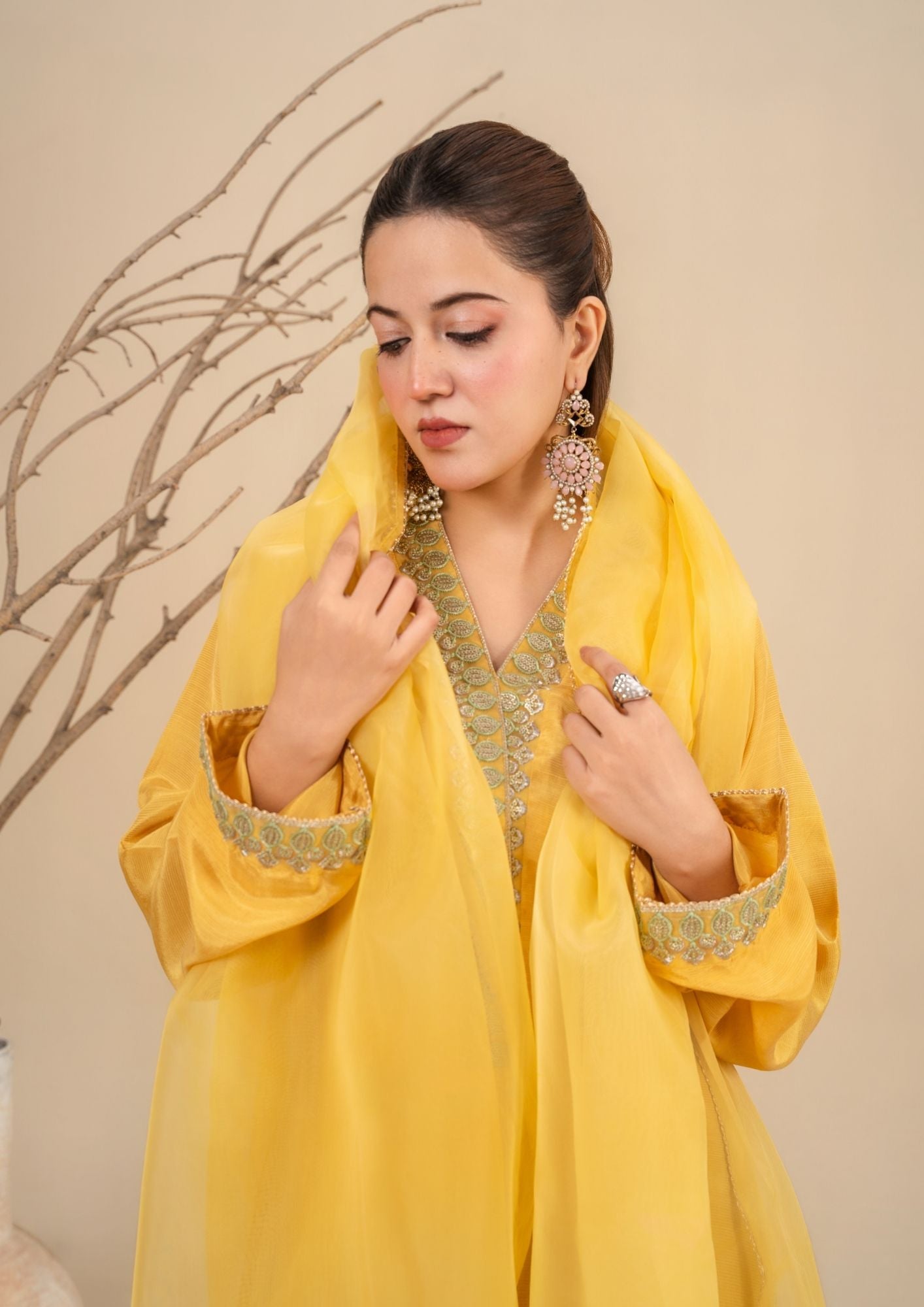 viscose raw silk Kurta Set in Lemonade