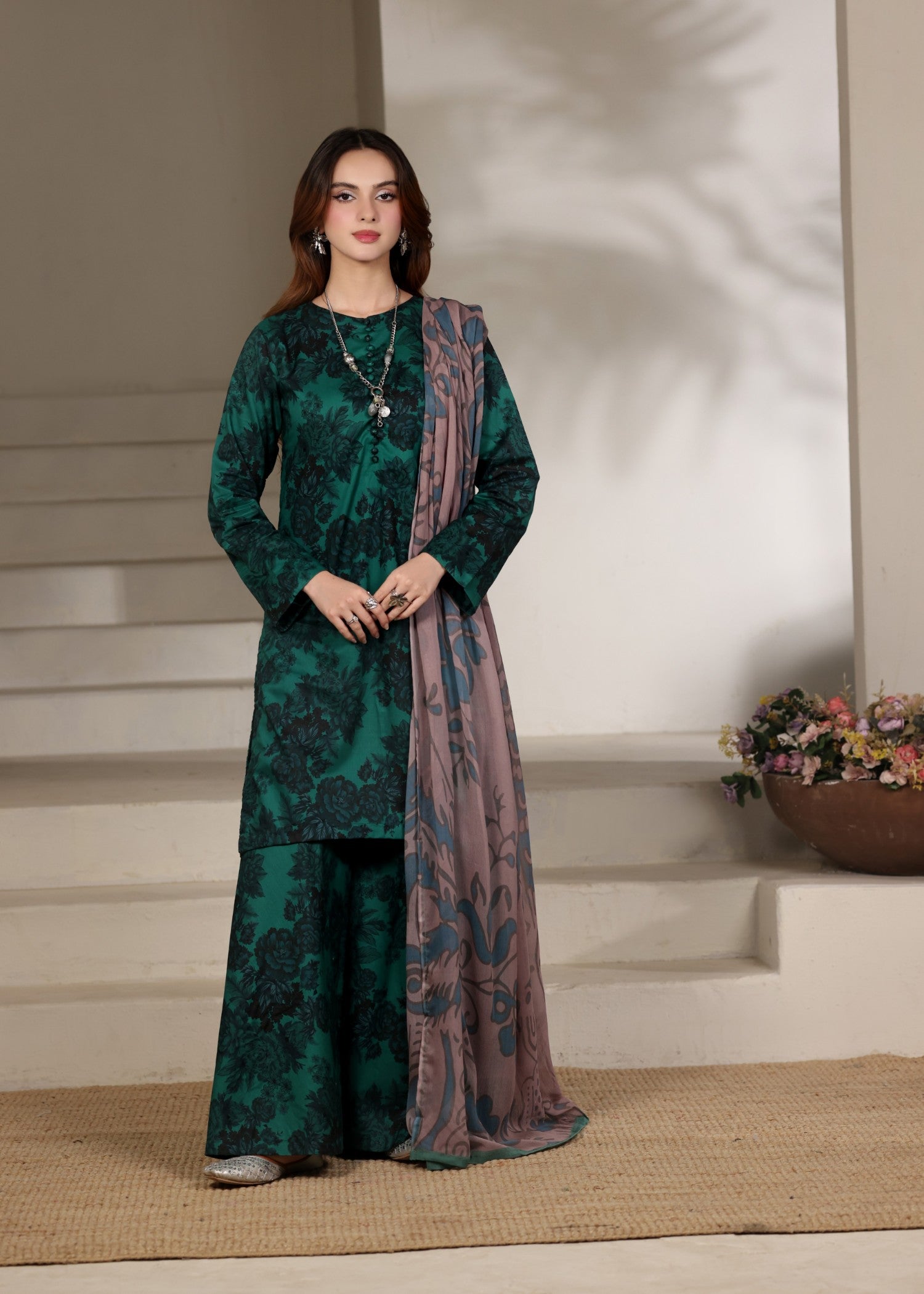 lawn Kurta Set in Dark green, sea green