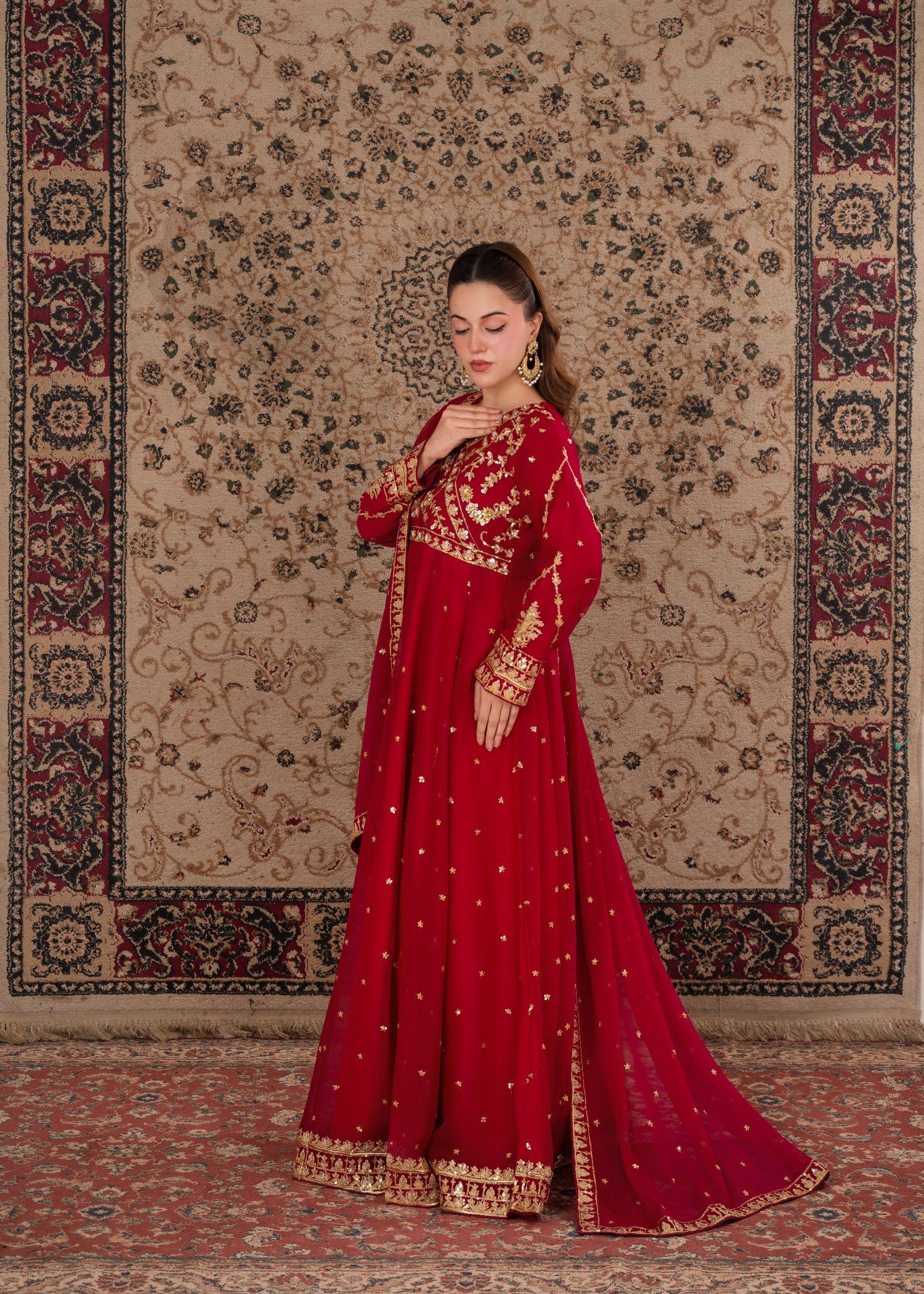 crinkle chiffon Angrakha in Red