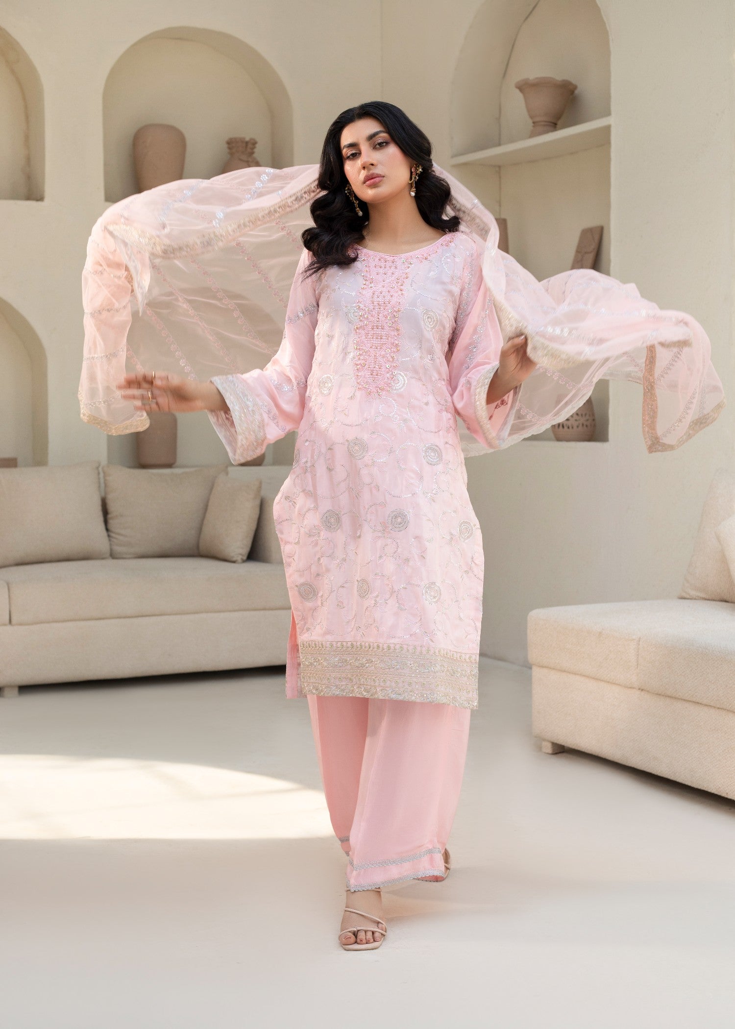 pure silk Kurta Set in Pastel pink