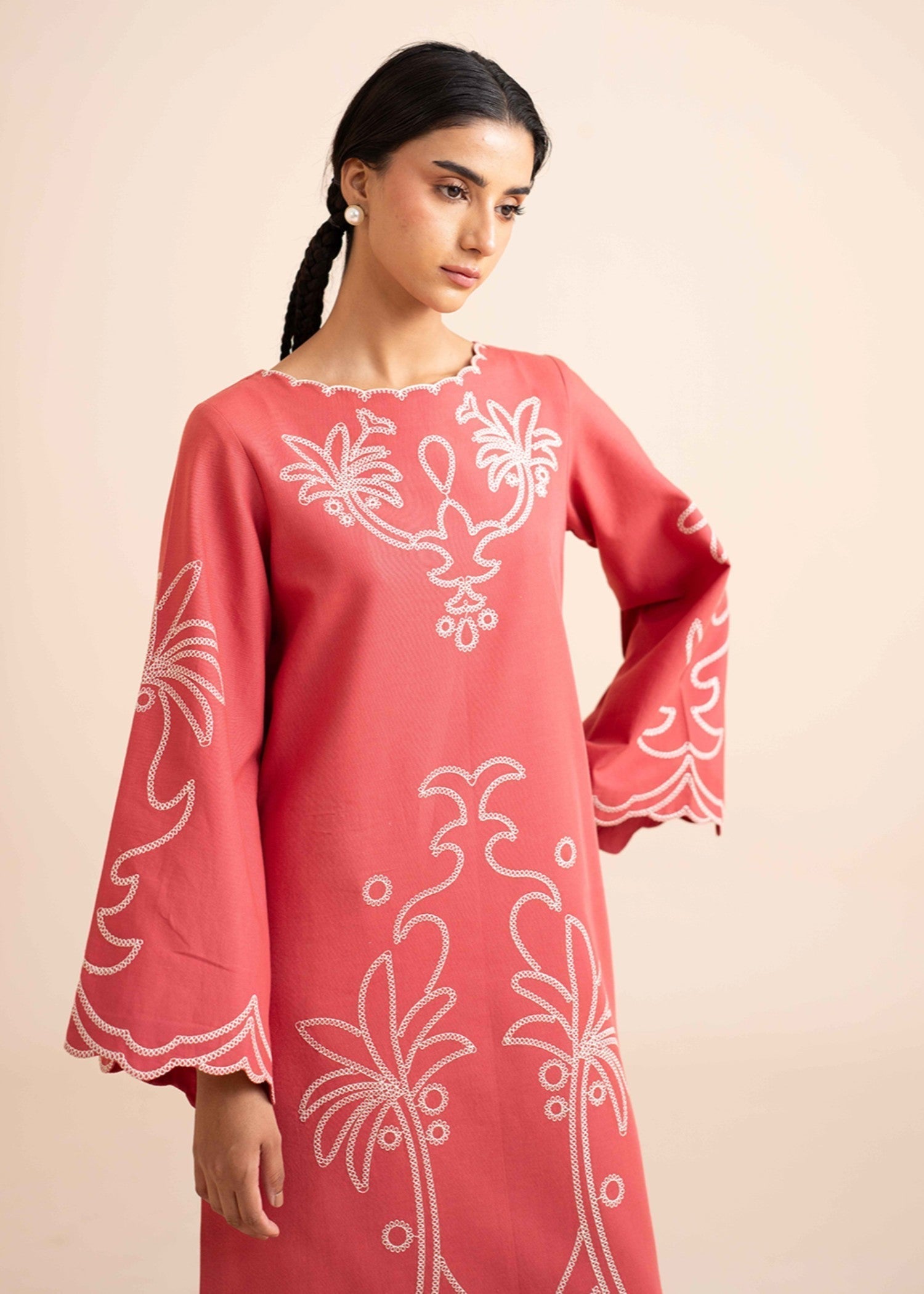 slub khaddar Kurta Set in Coral pink