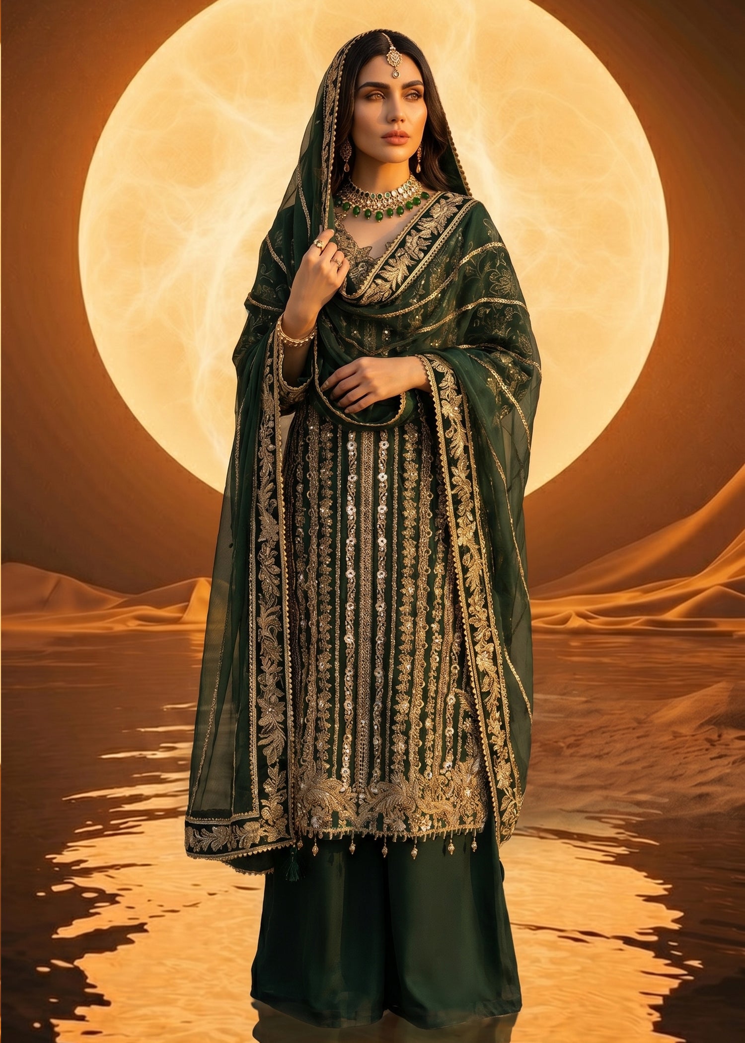organza Lehenga in Bottle green