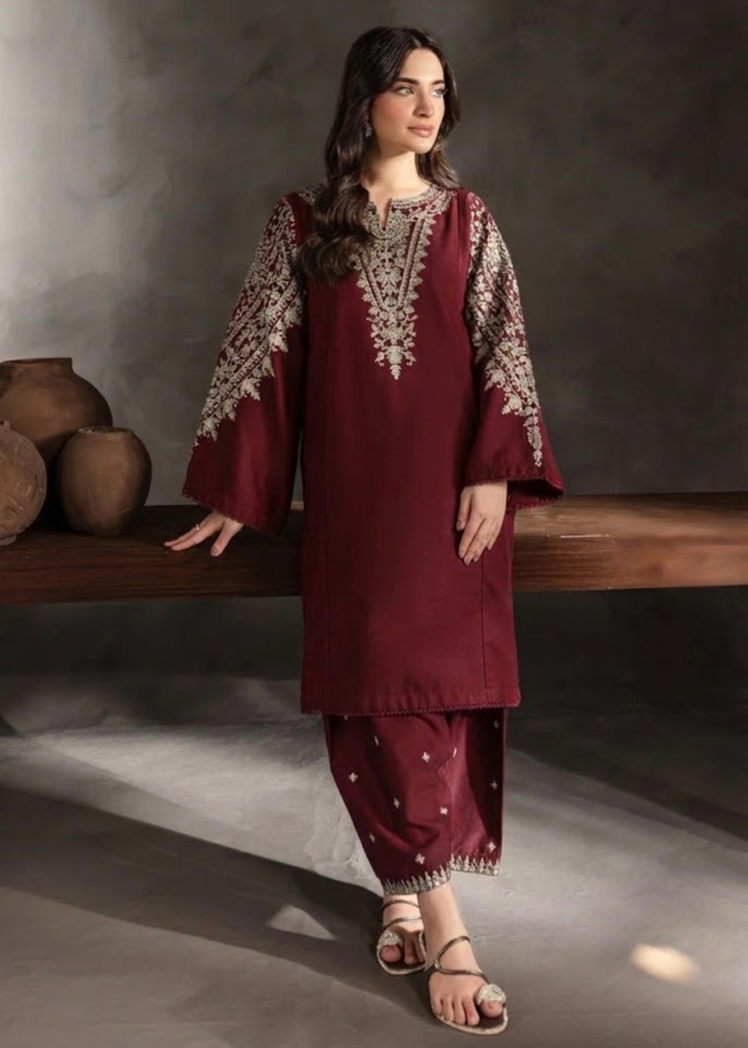 cambric Kurta Set in Maroon