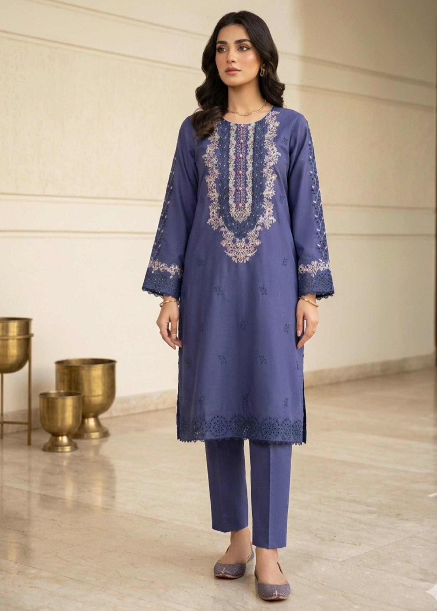 viscose raw silk Kurta Set in Slate blue
