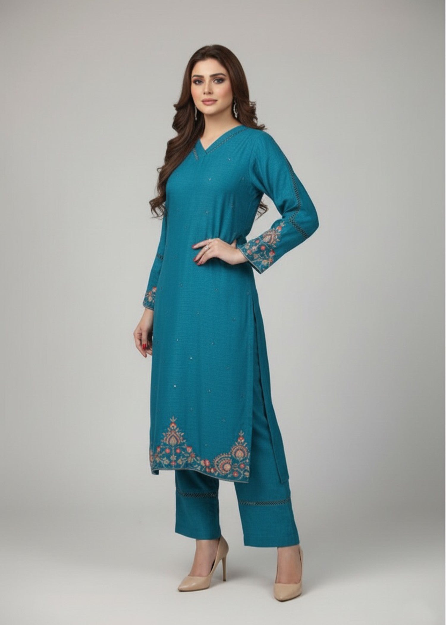 korean raw silk Kurta Set in Teal
