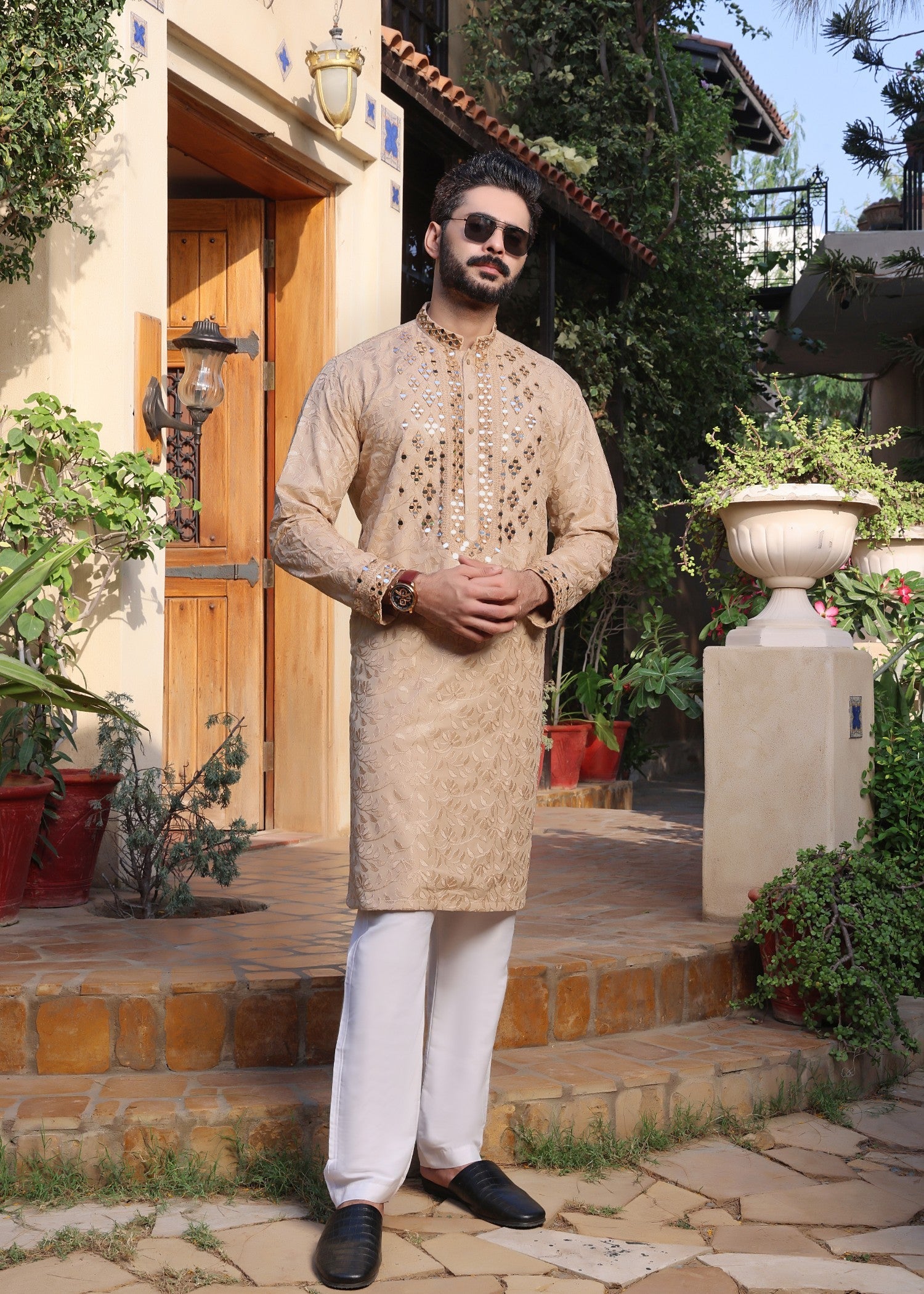jamawar Kurta Set in Beige