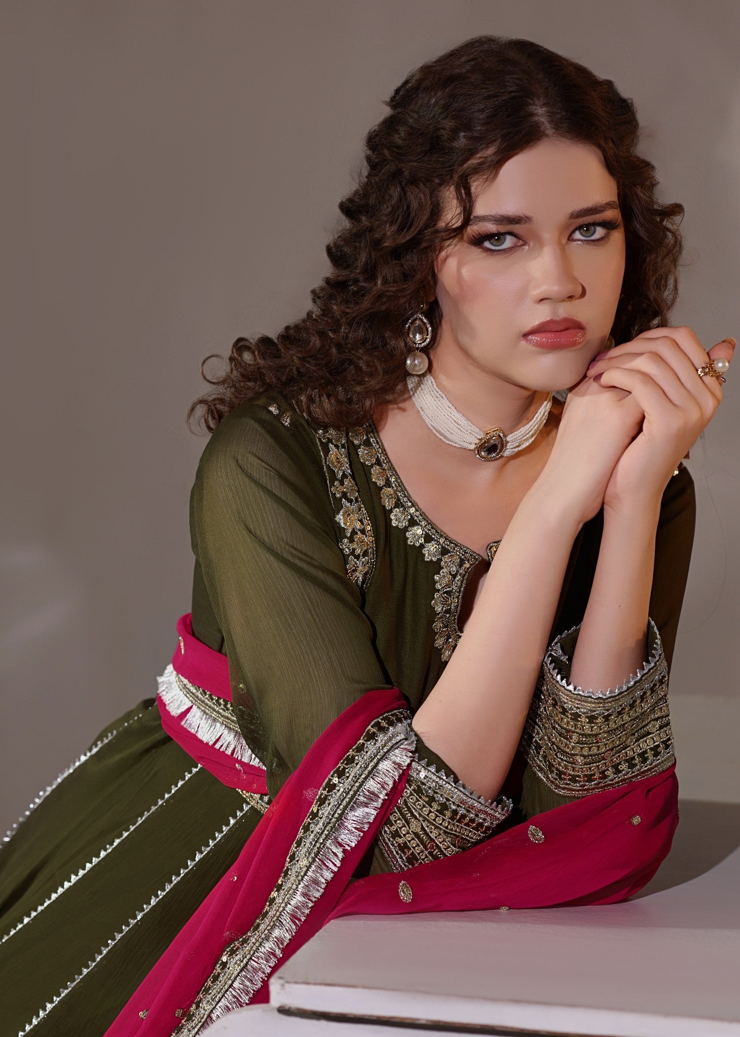 chiffon Pishwas in Olive green