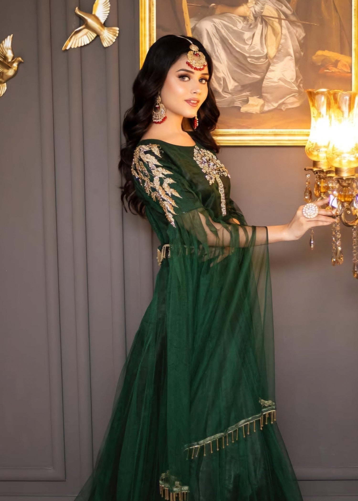 net Lehenga in Bottle green