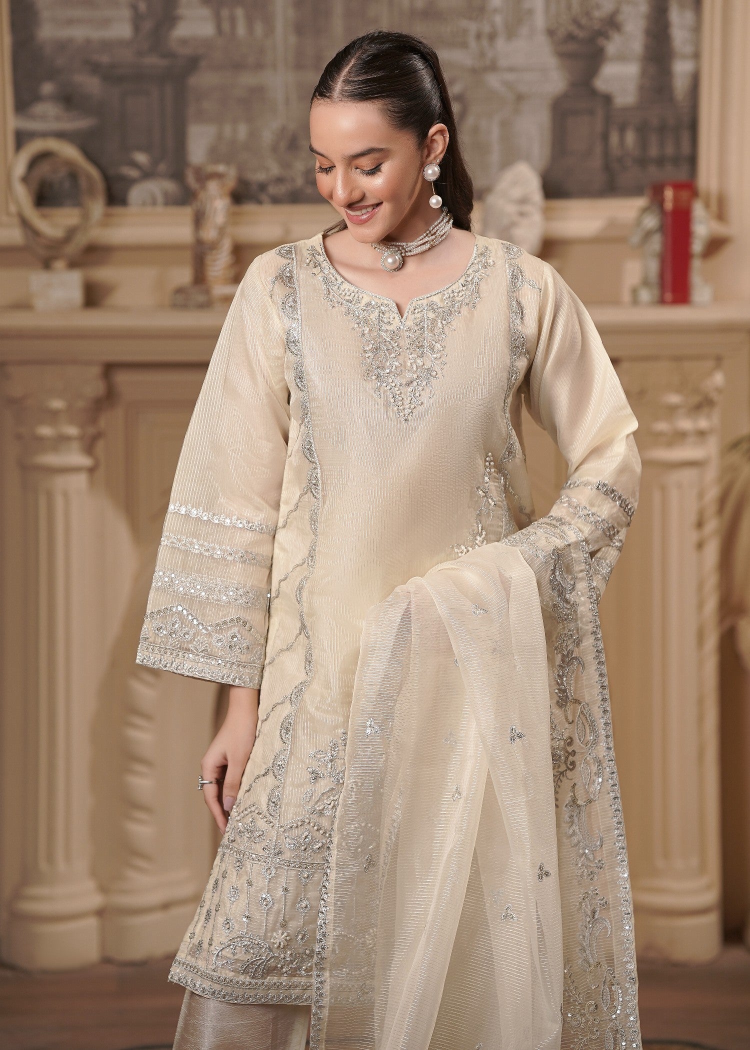 organza Kurta Set in Beige