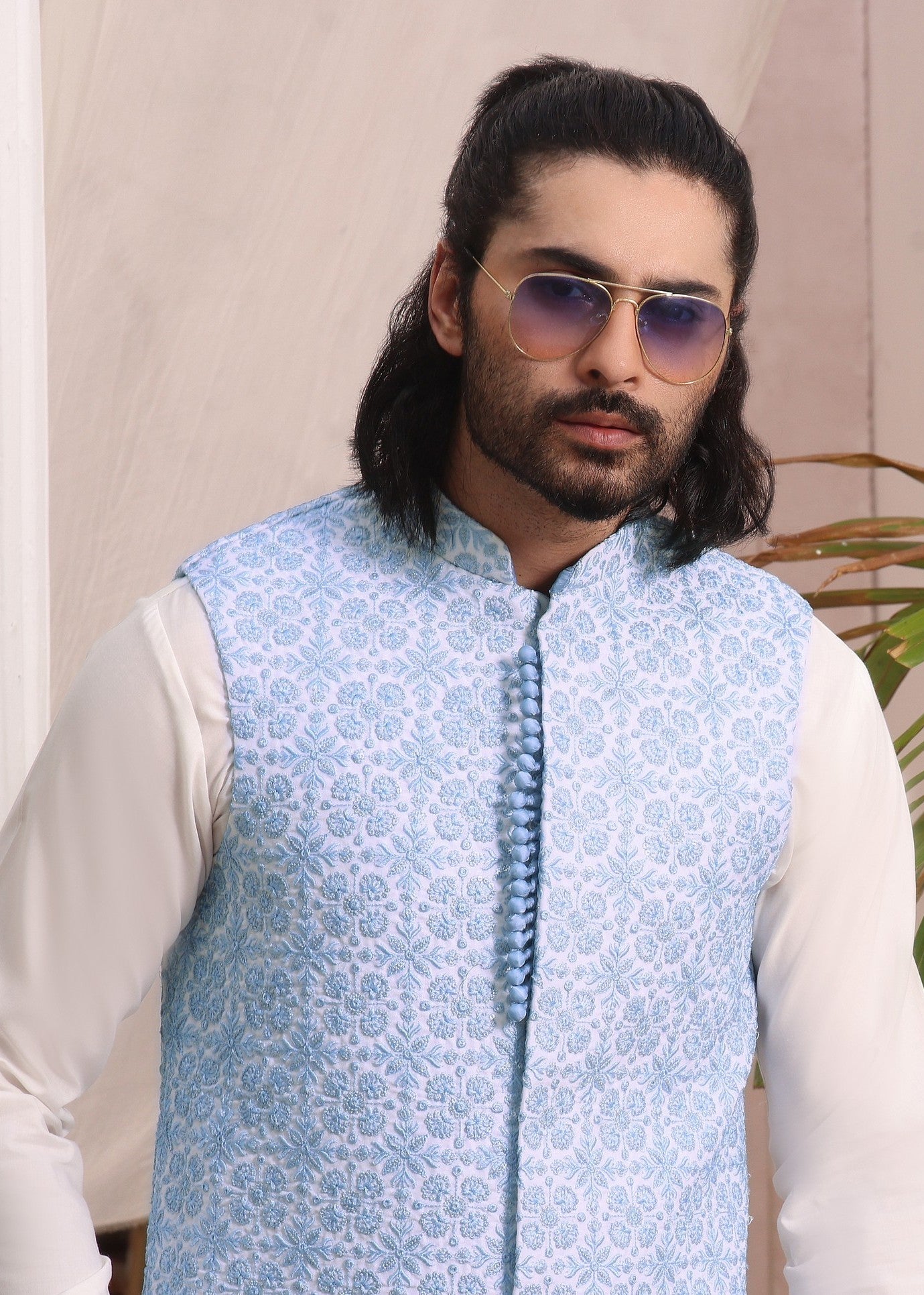 raw silk Waistcoat in Sky blue
