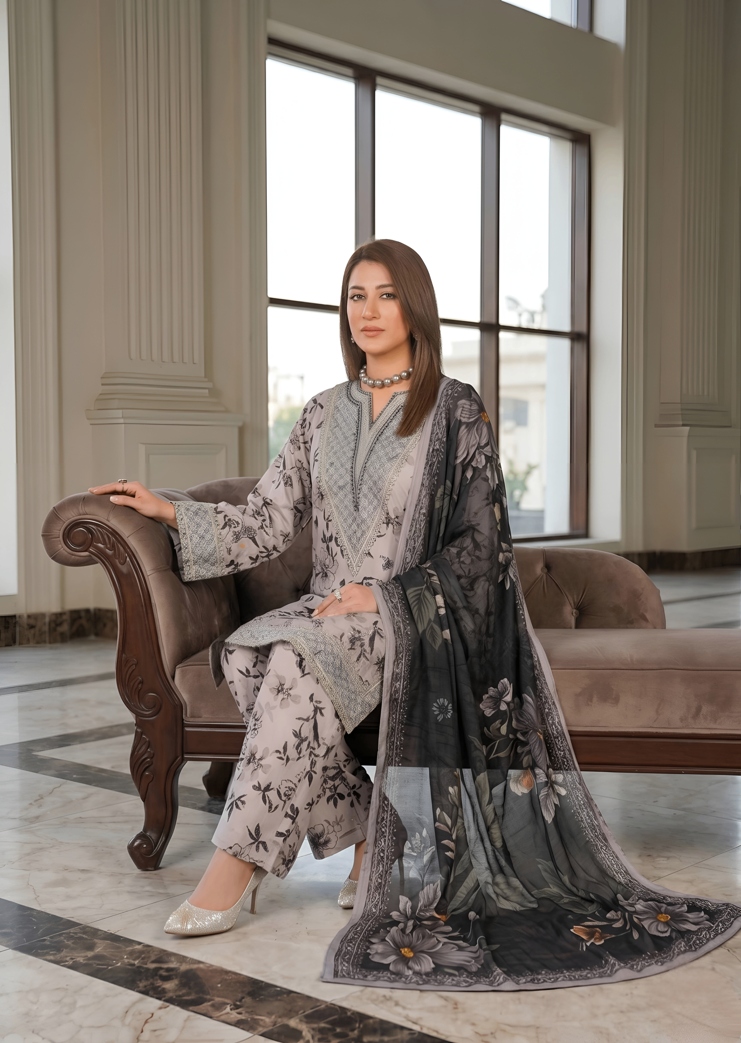 arabic lawn Kurta Set in Grey