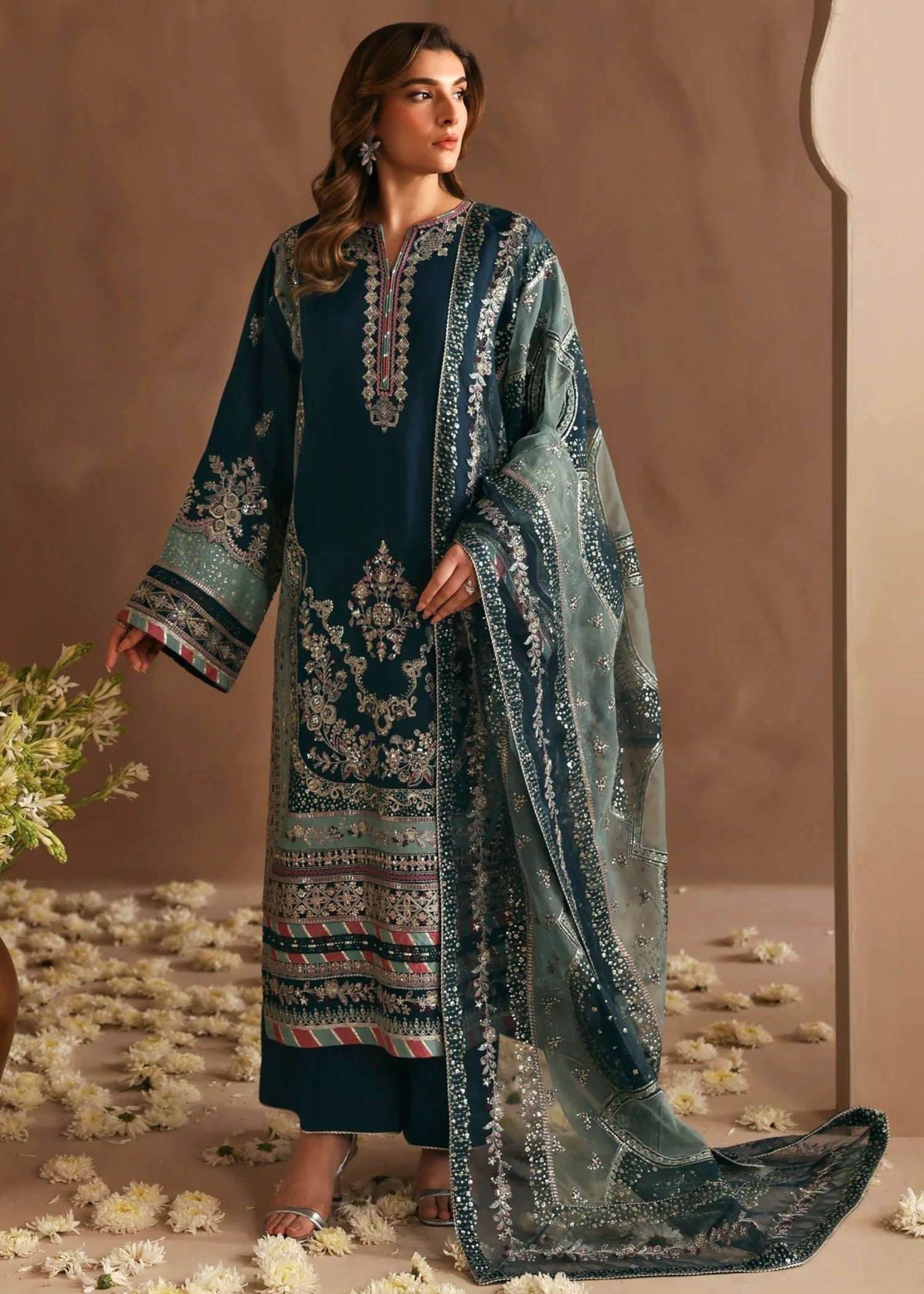 chiffon Kurta Set in Jungle green