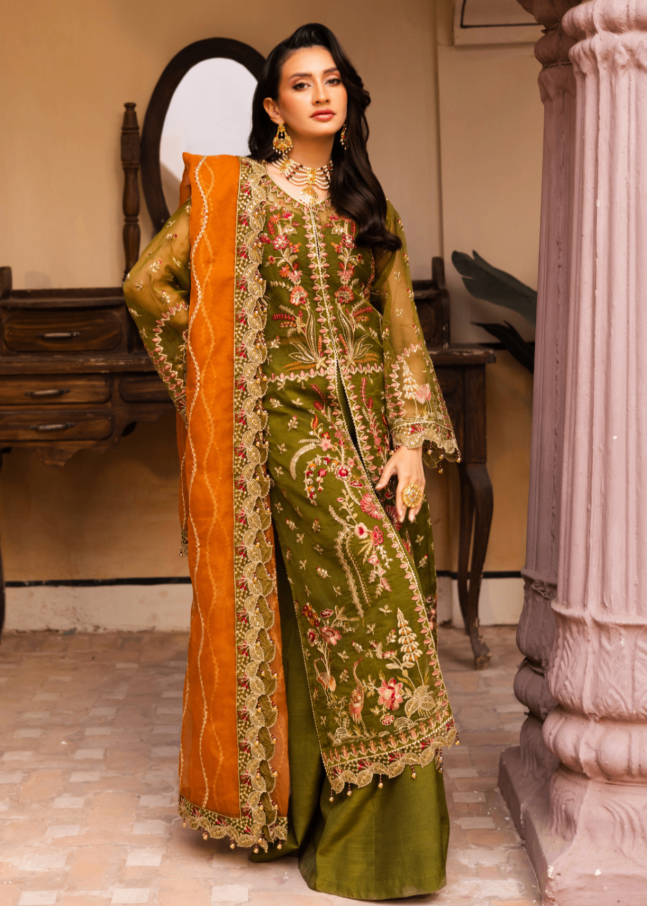 organza Unstitched in Olive green