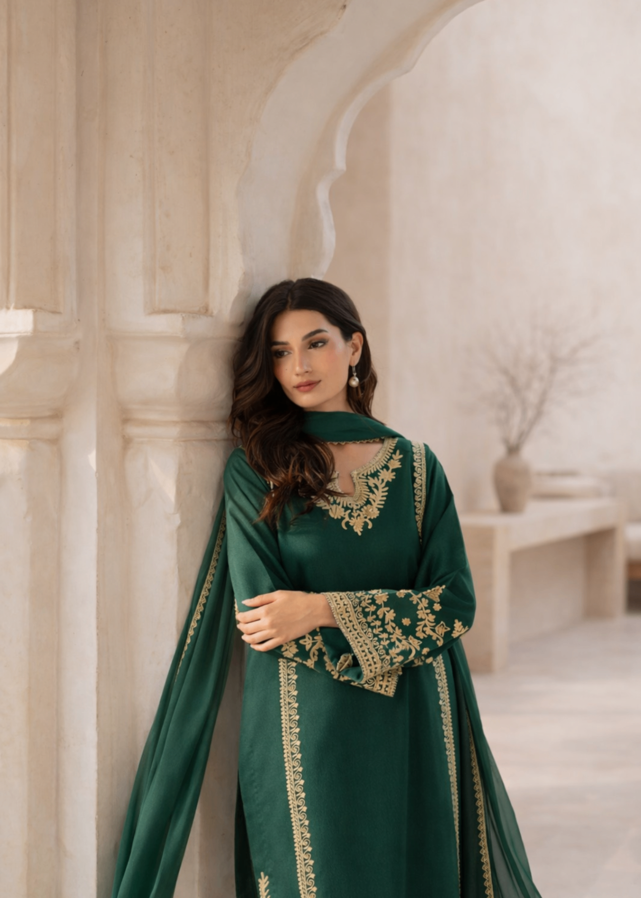 linen Kurta Set in Dark green