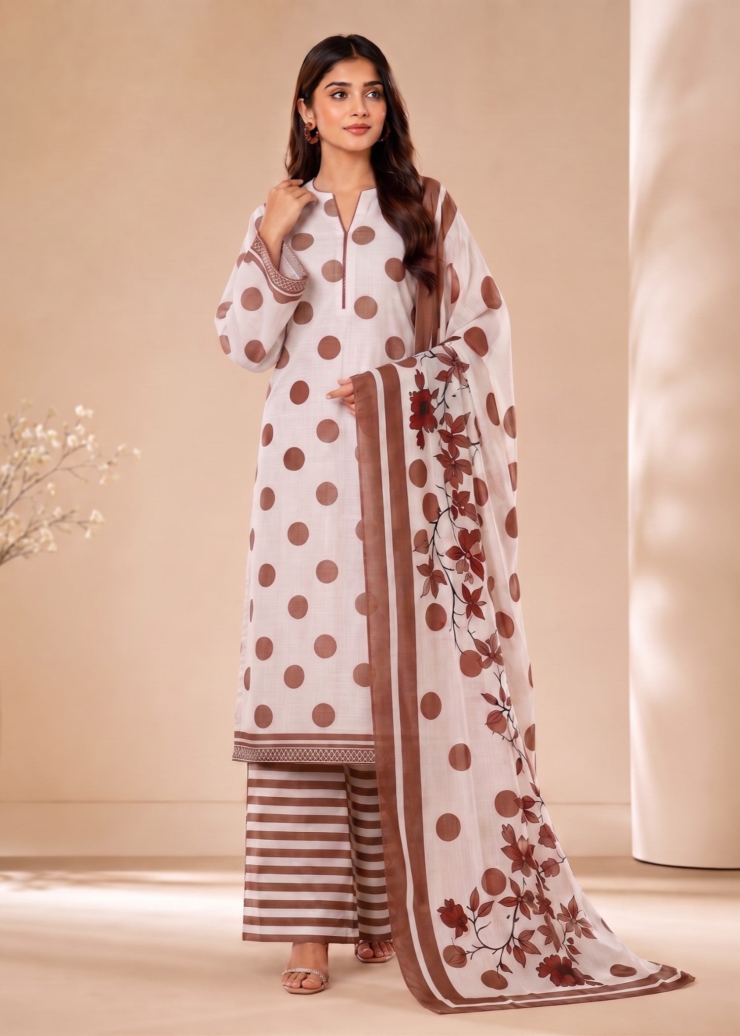 lawn Unstitched in Brown, off-white