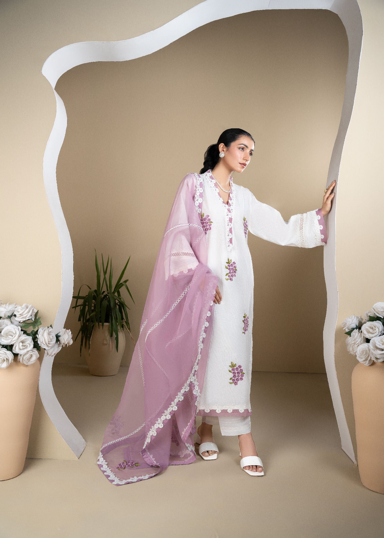 silk cotton net Kurta Set in White
