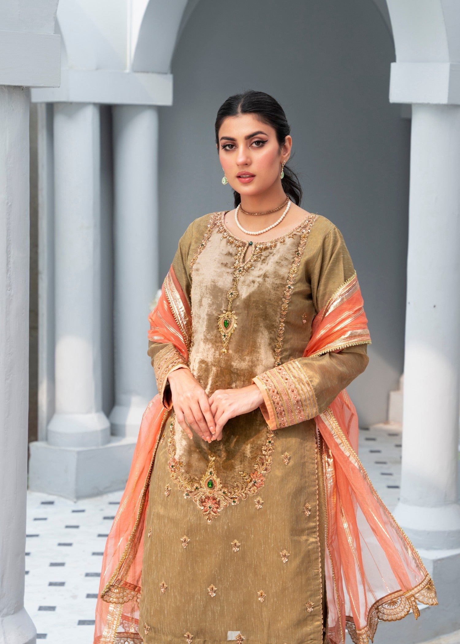 khaddi net Kurta Set in Brown