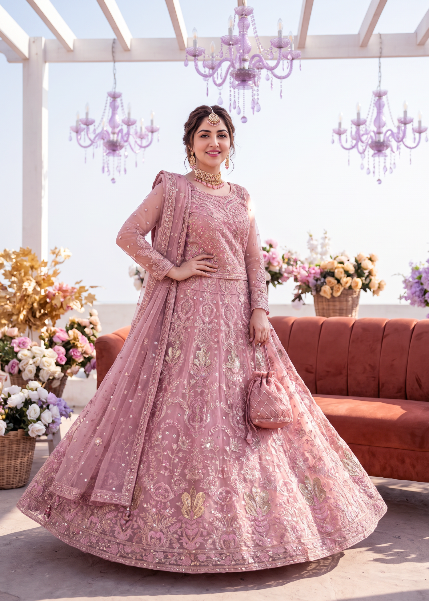 net Lehenga in Thulian pink