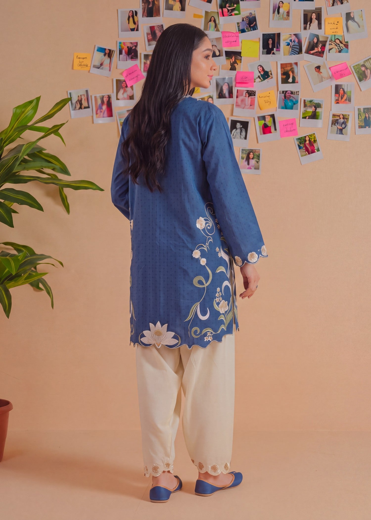 textured lawn Kurta Set in Navy blue