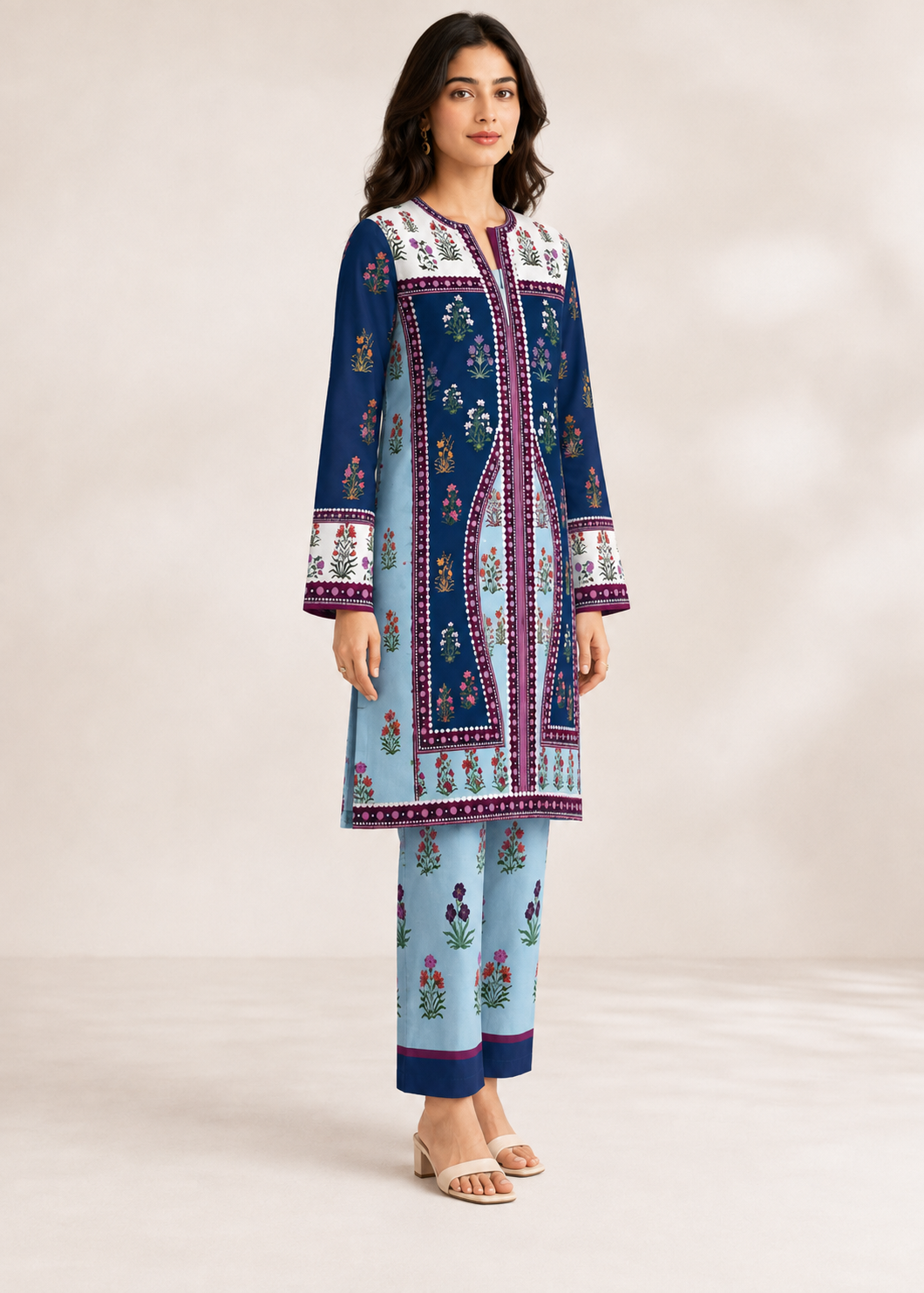 lawn Unstitched in Ice blue, navy blue, white