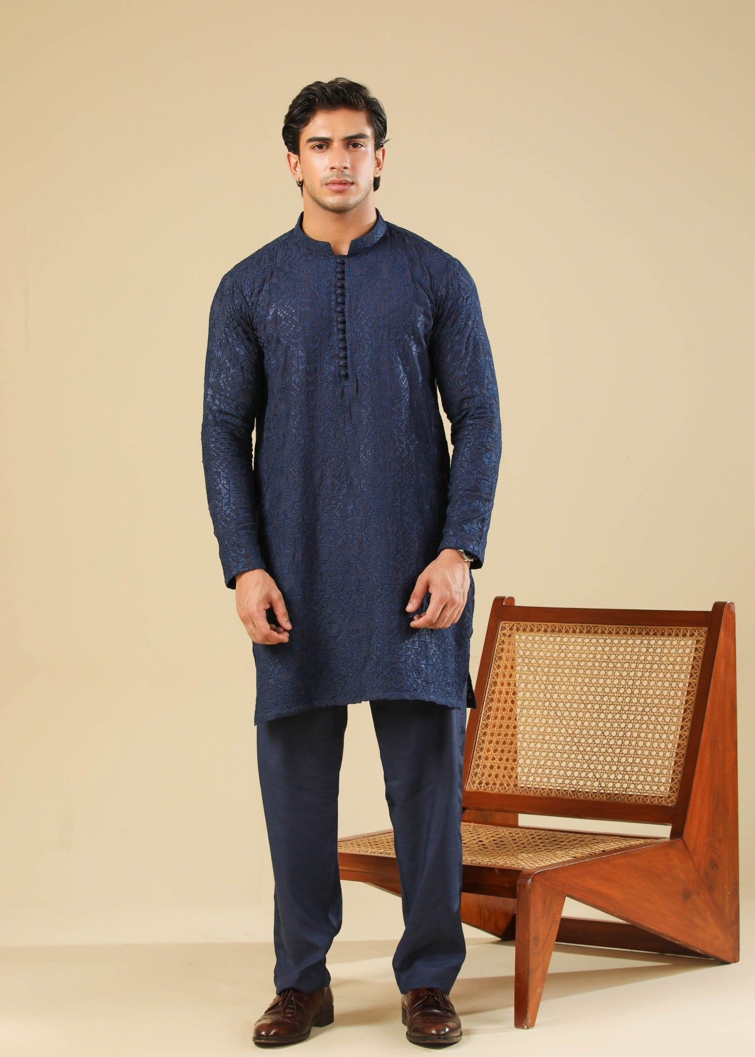 raw silk Kurta Set in Dark blue by Muraqsh