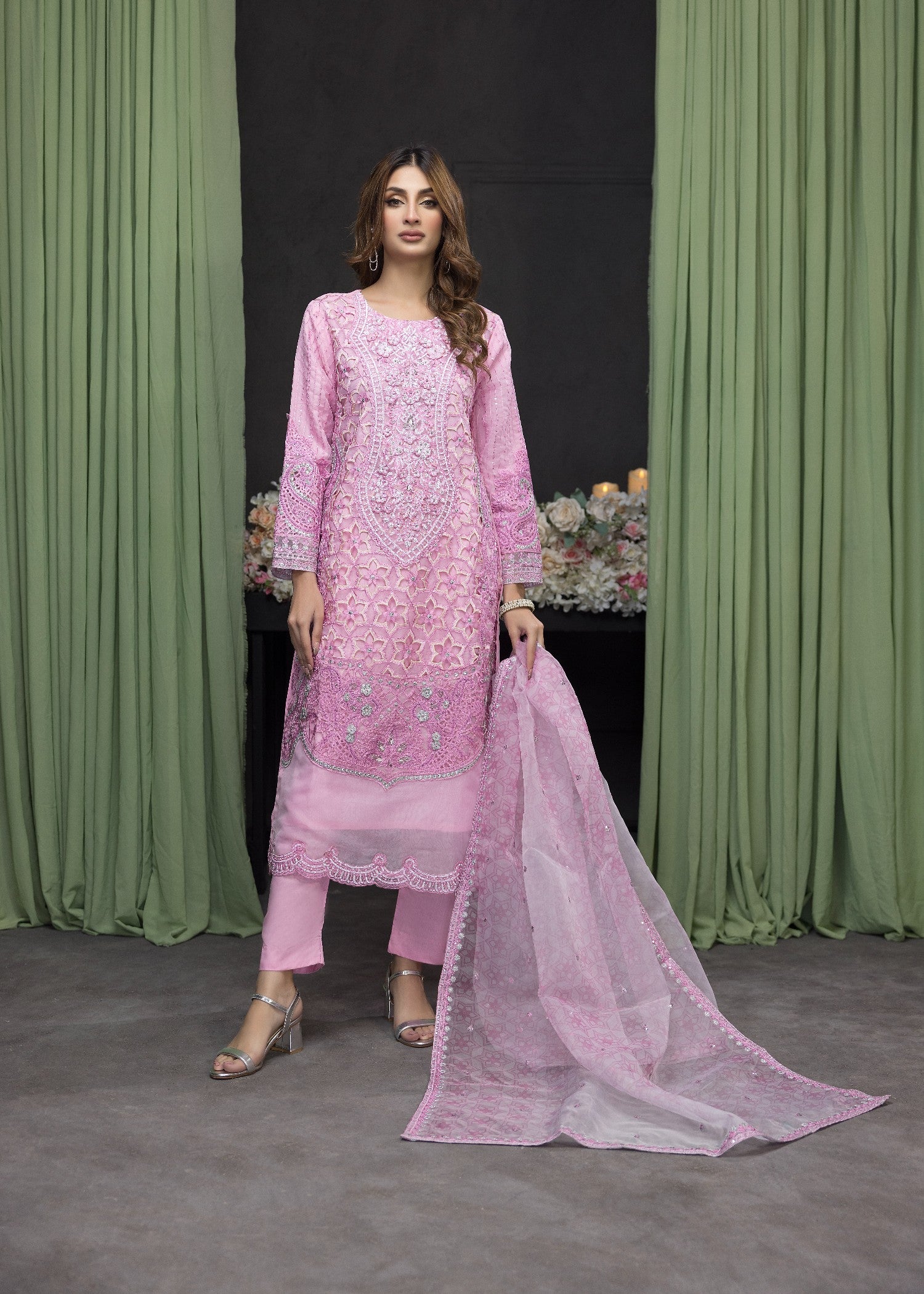 organza Kurta Set in Ultra pink