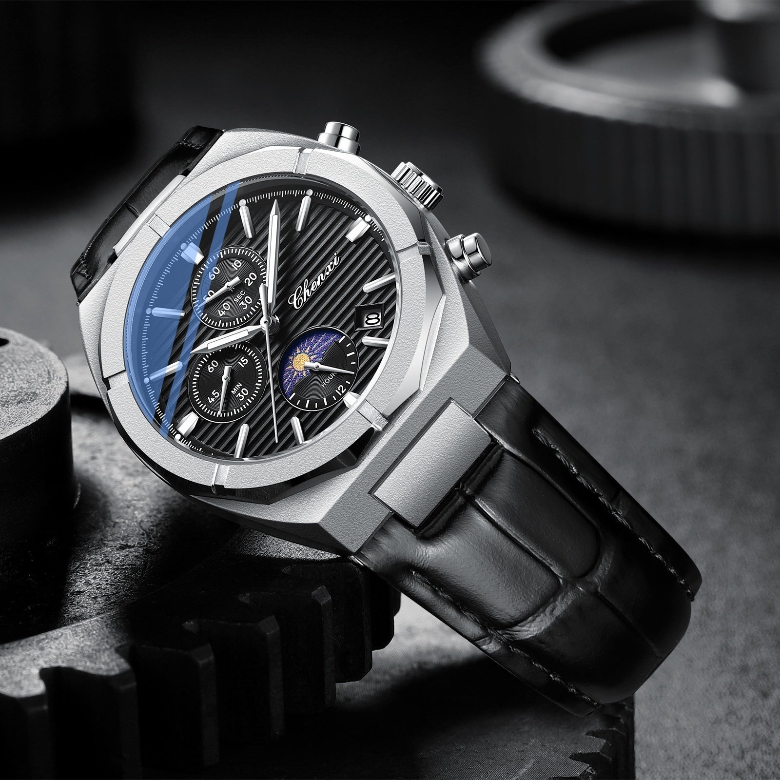 Multi-functional Men's Moon Phase Calendar Chronograph Waterproof Quartz Watch