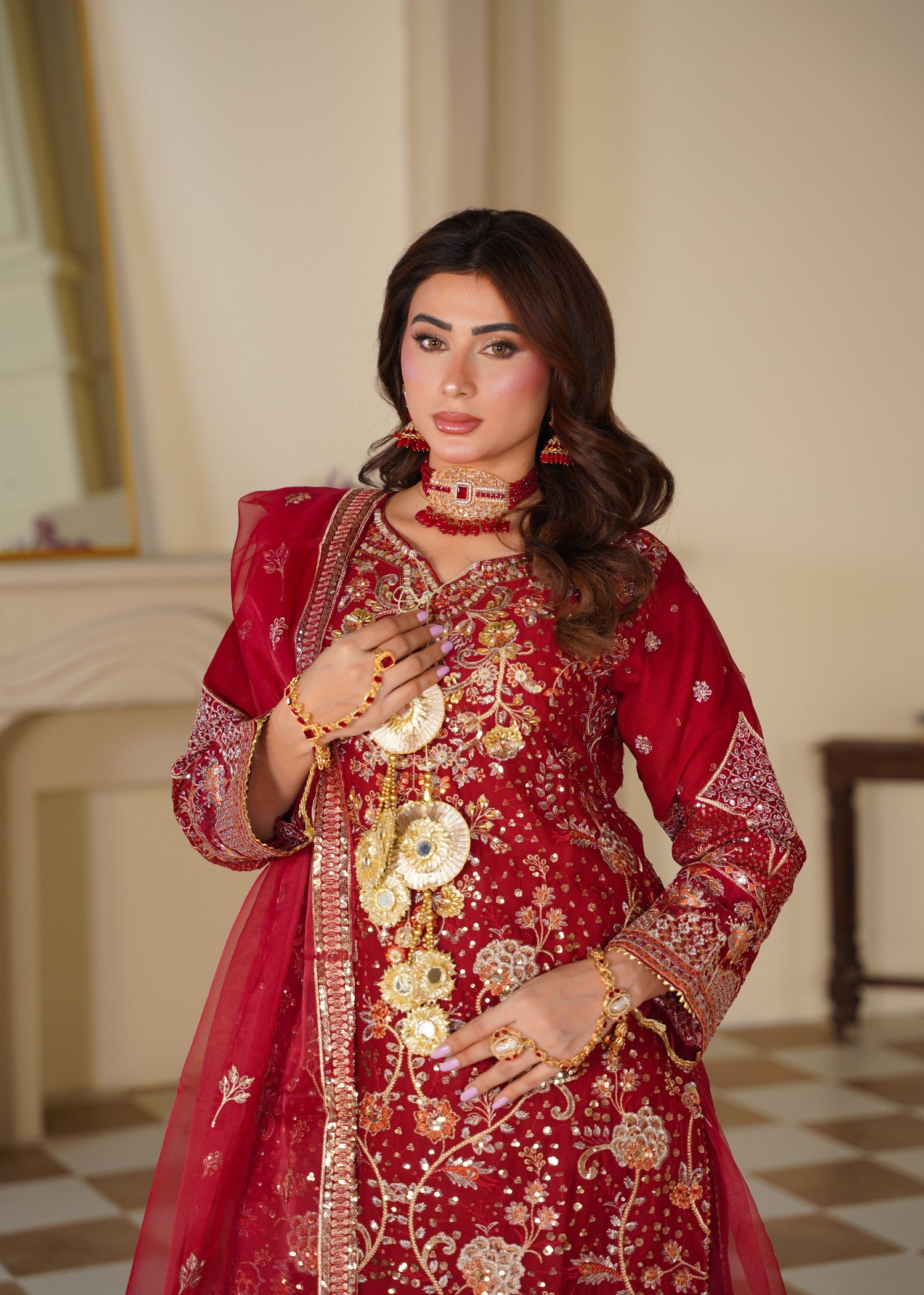 chiffon Sharara in Gold, rose red