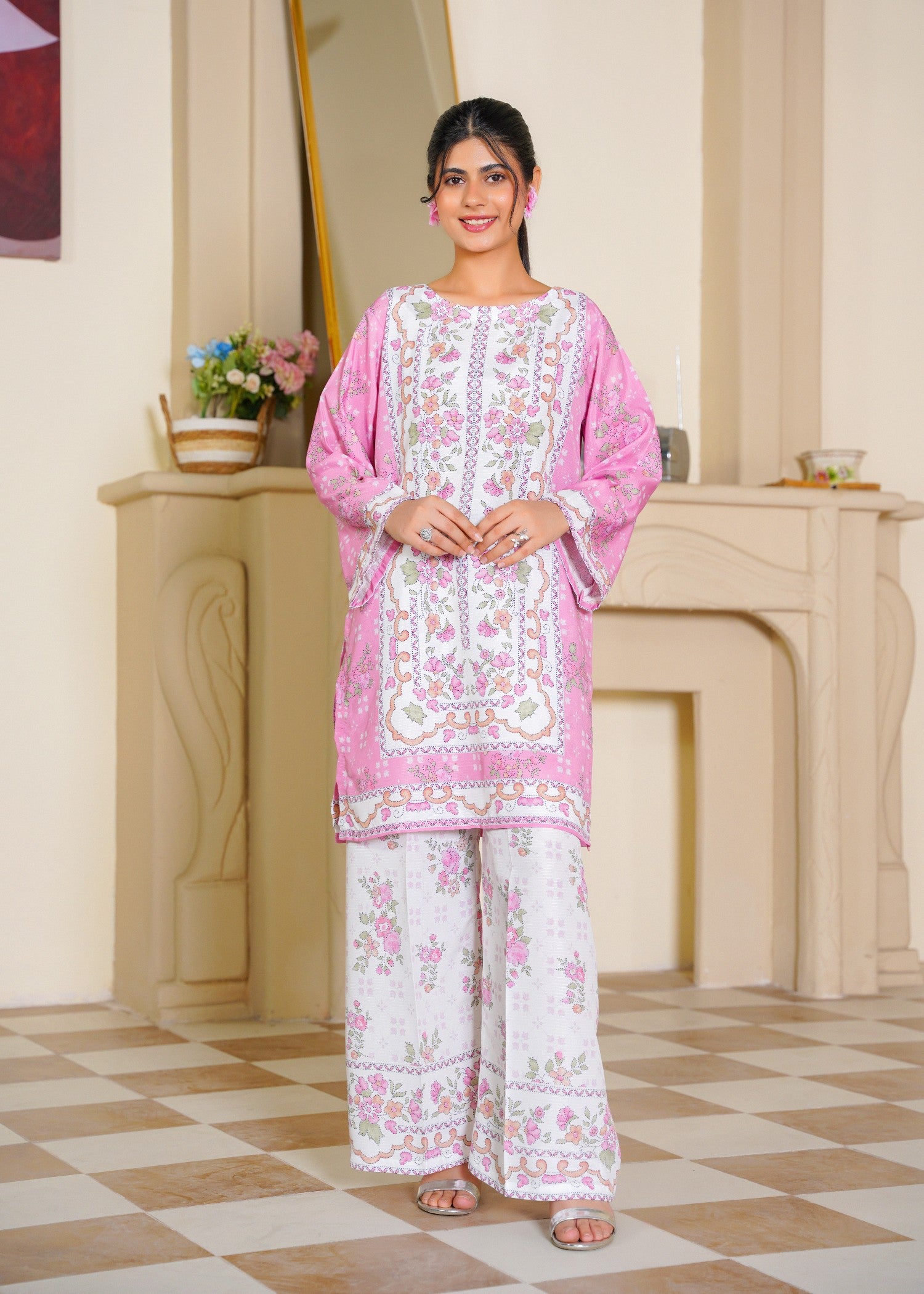 slub cambric Kurta Set in Blush pink