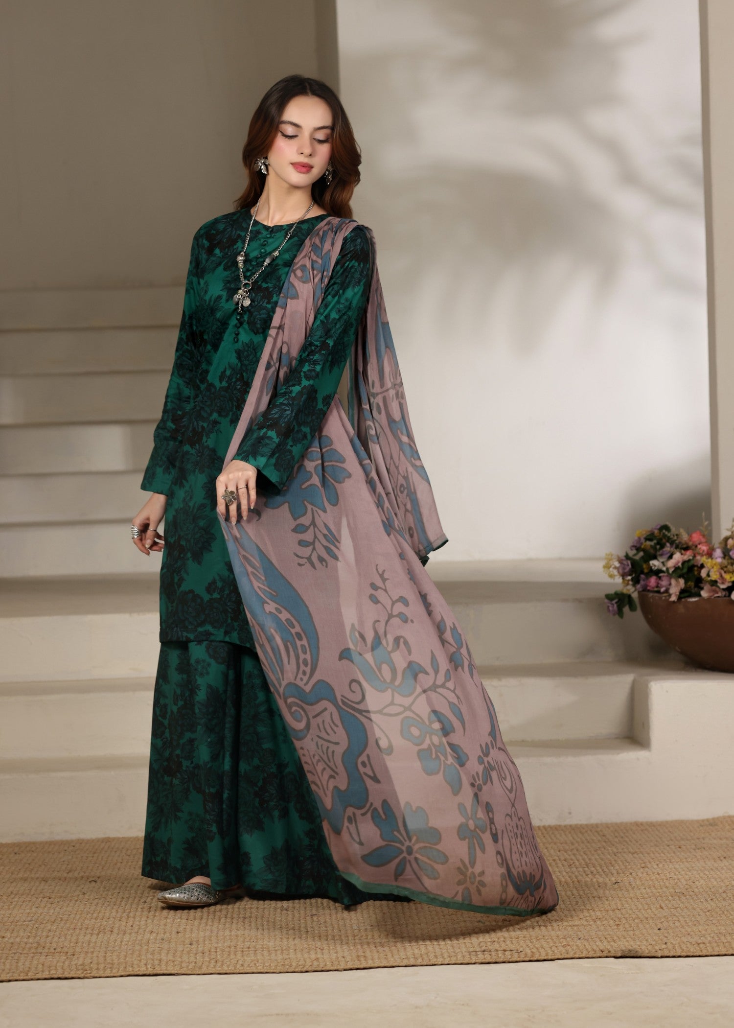 lawn Kurta Set in Dark green, sea green
