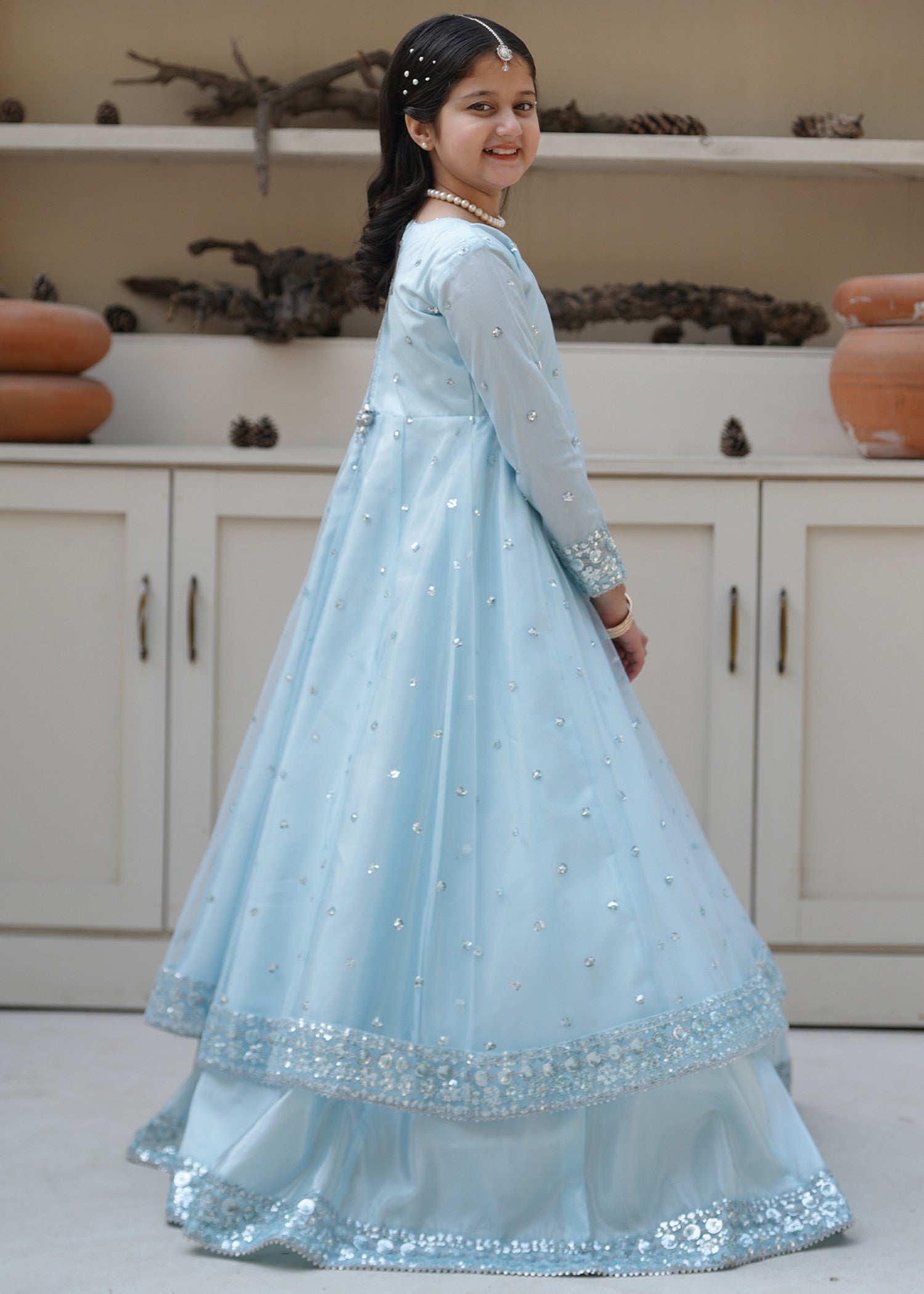 net Lehenga in Sky blue