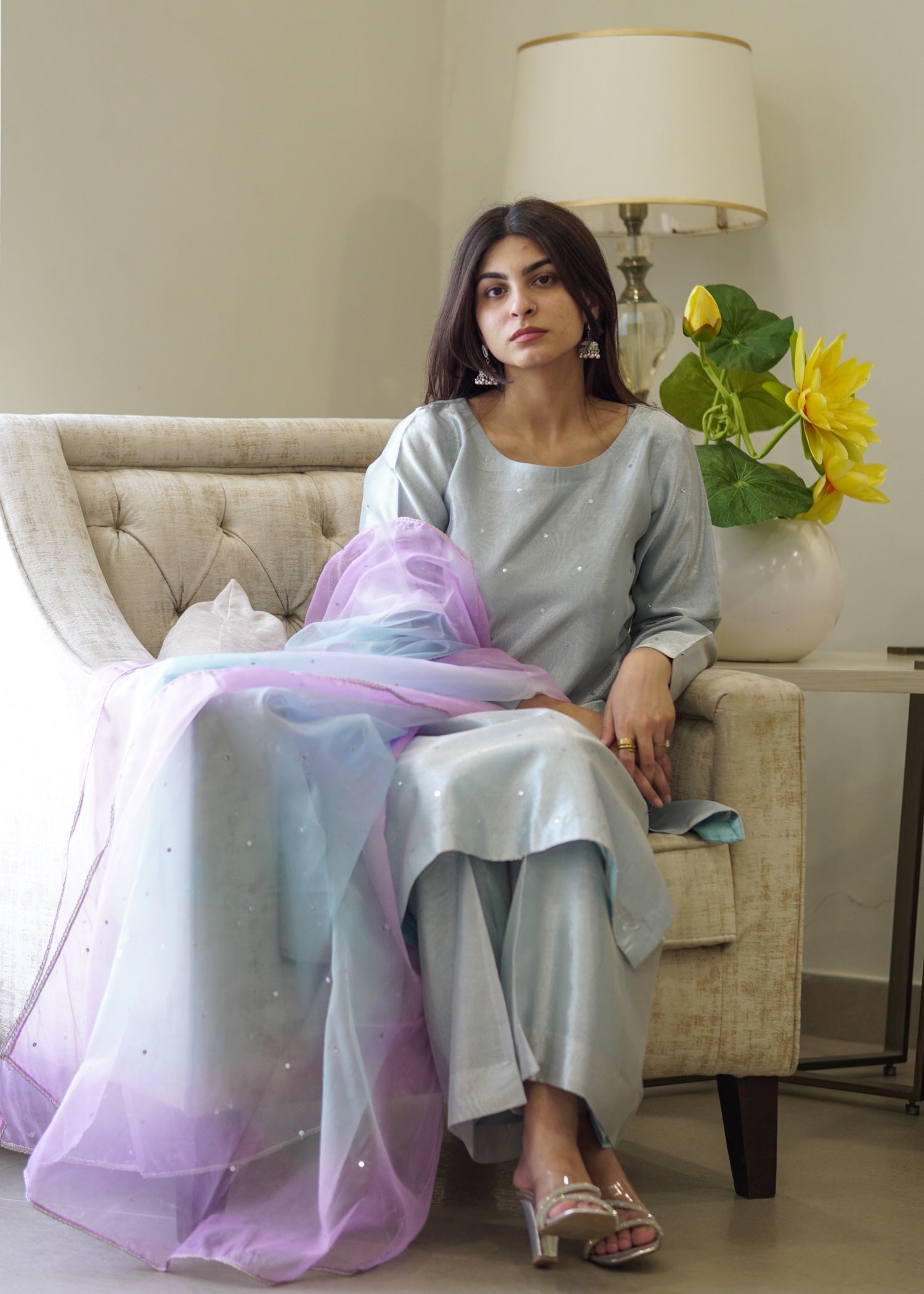 zari tissue Kurta Set in Ice blue