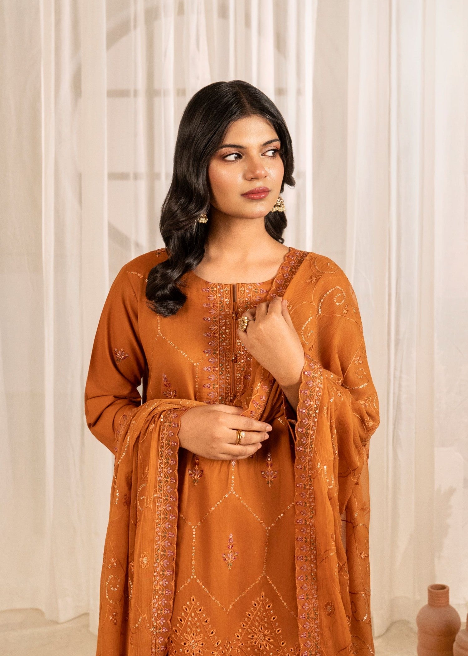 cotton Kurta Set in Bronze orange