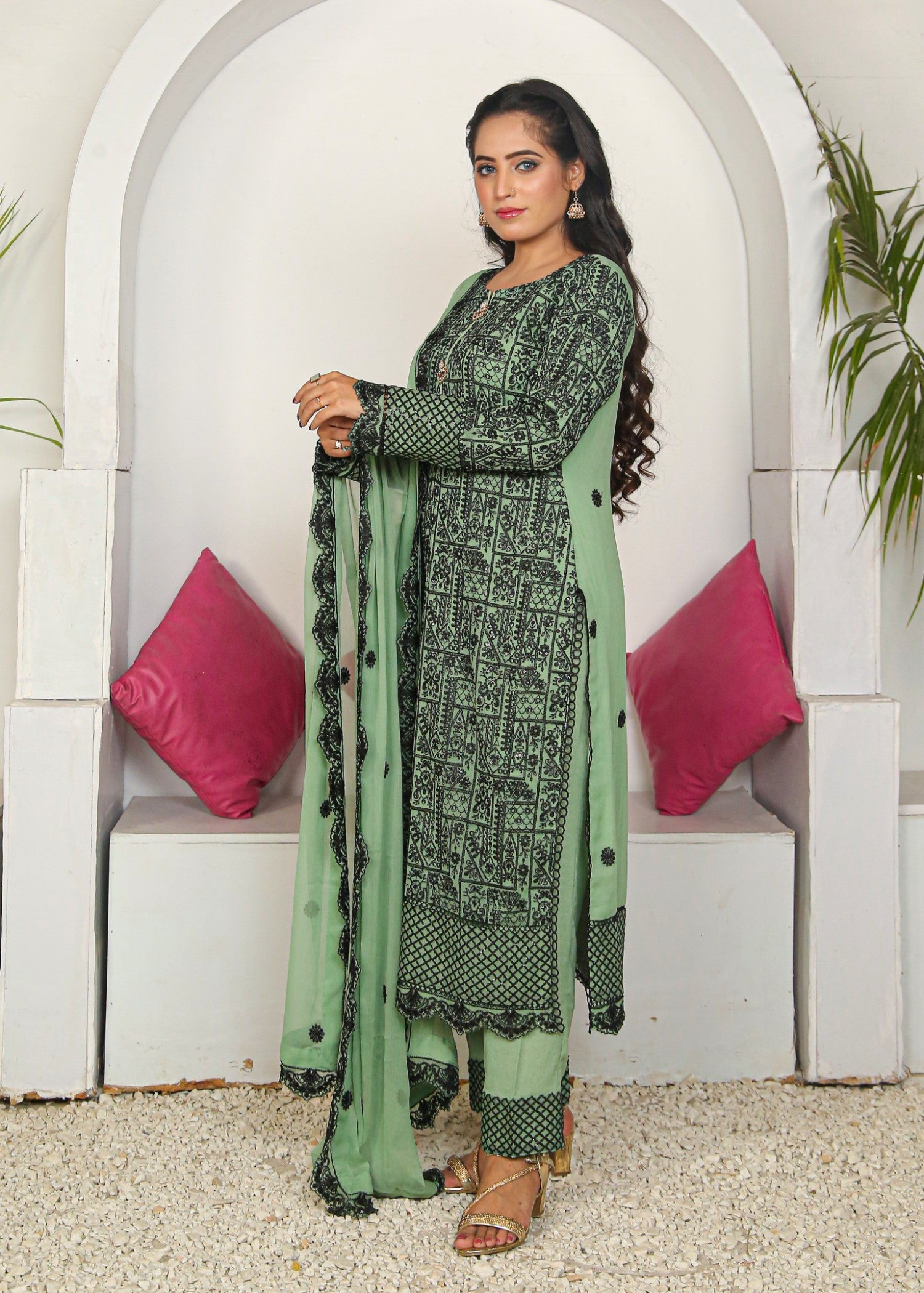 bemberg crinkle chiffon Kurta Set in Mint green