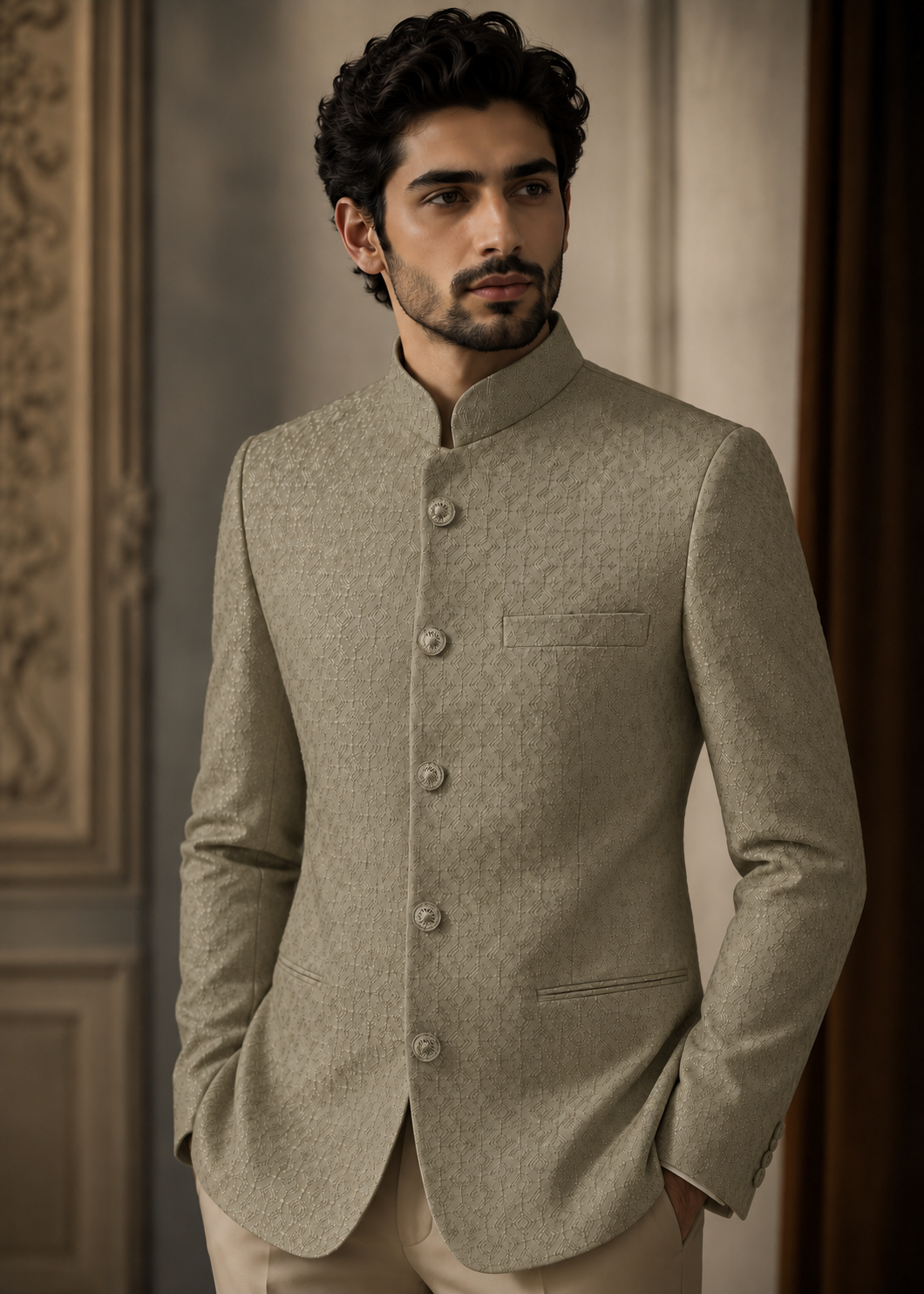 chikankari cotton Prince Coat in Pistachio green