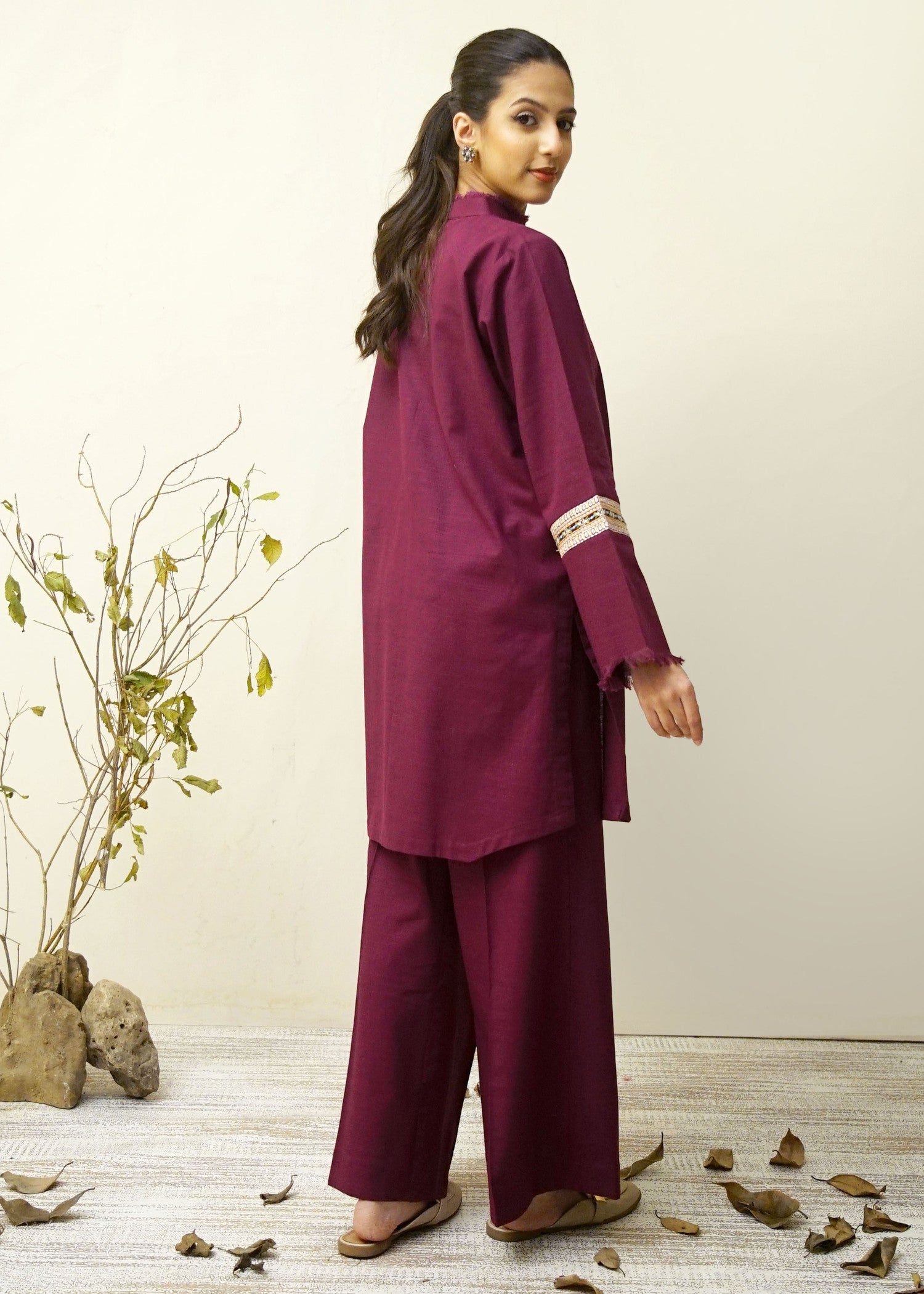khaddar Kurta Set in Plum