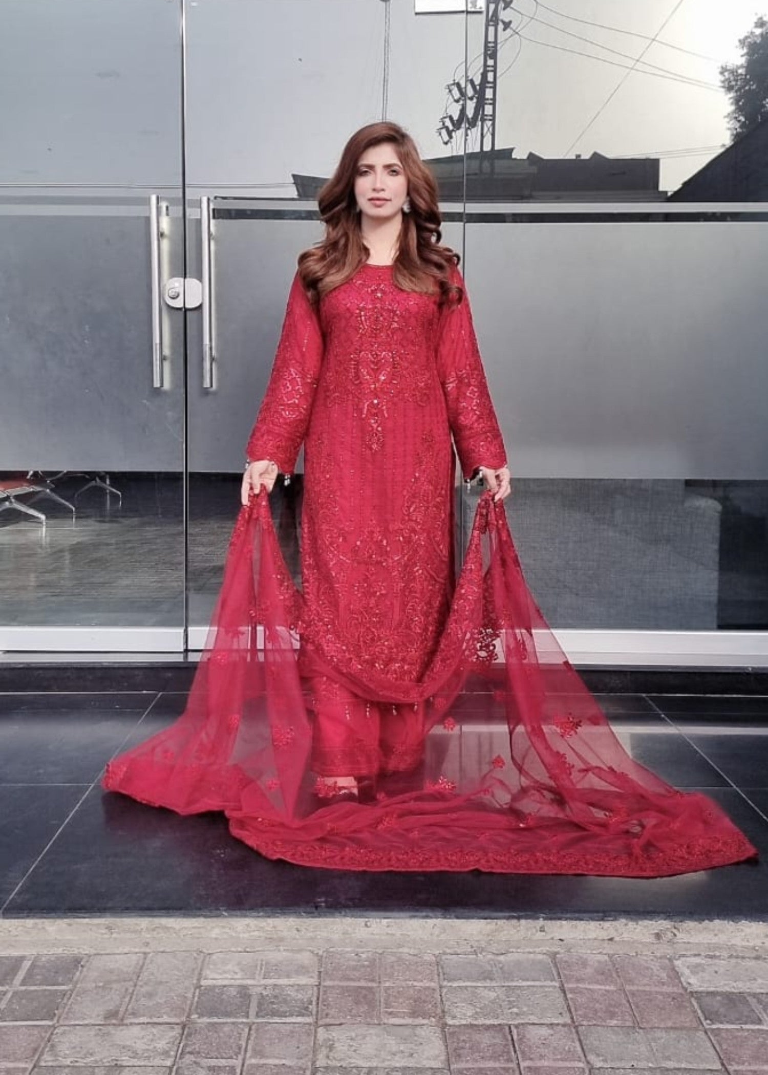net Kurta Set in Blood red