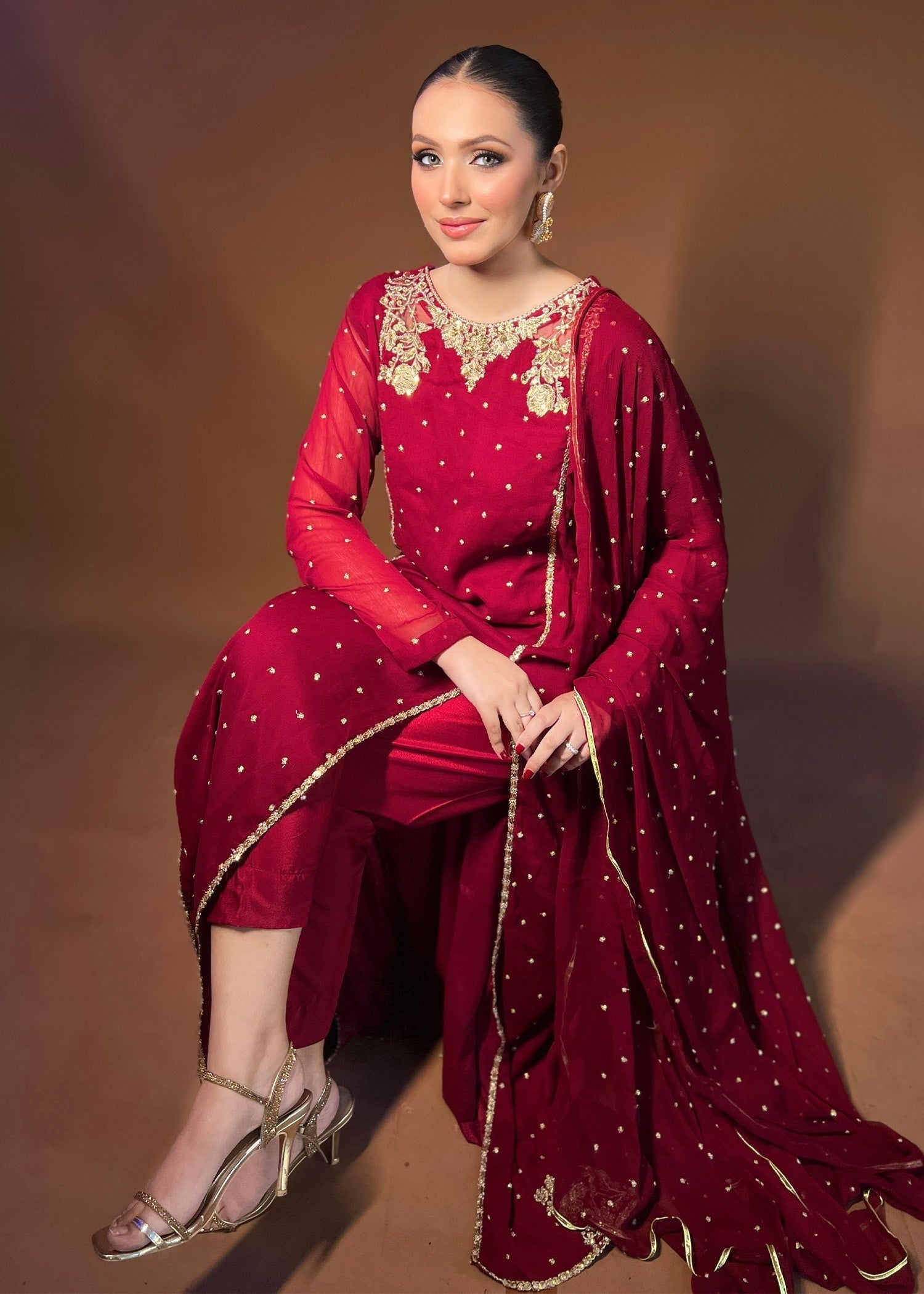 chiffon Pishwas in Maroon