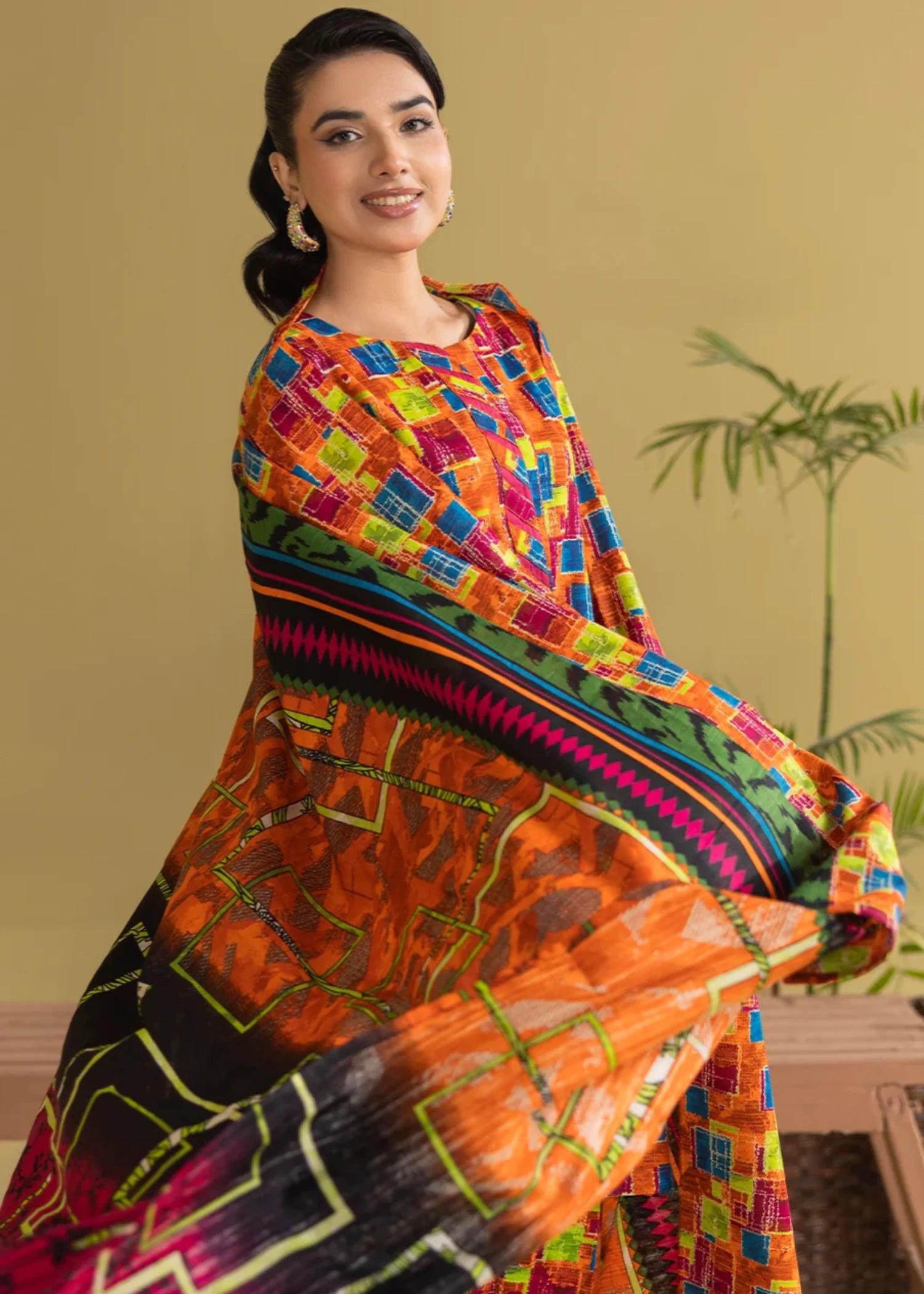 khaddar Unstitched in Multi, orange
