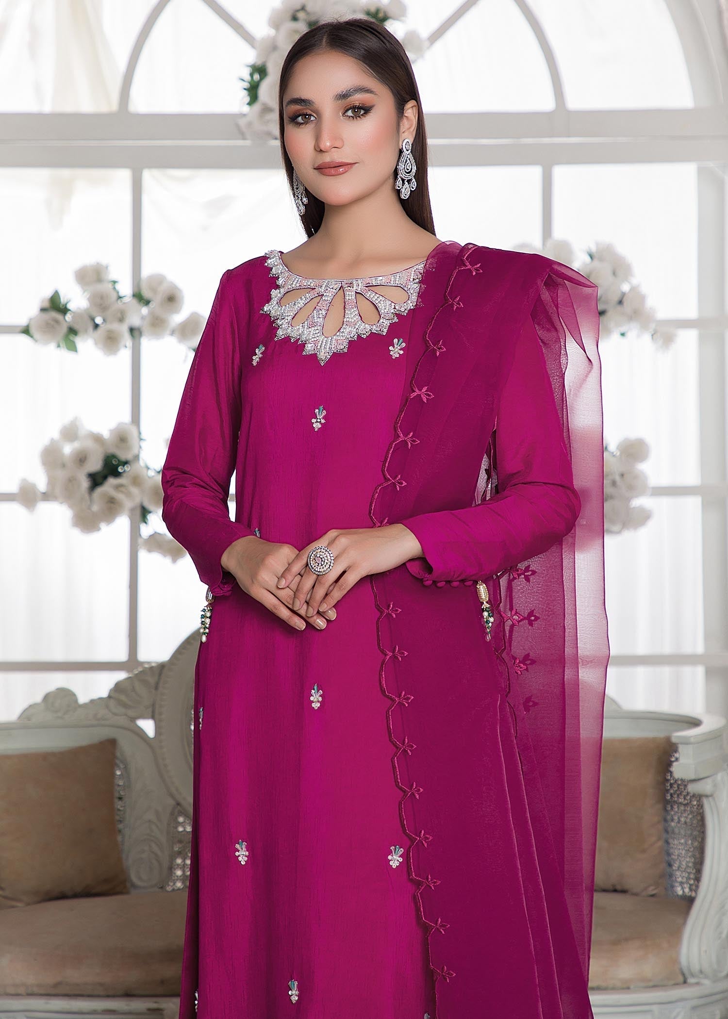raw silk Kurta Set in Magenta