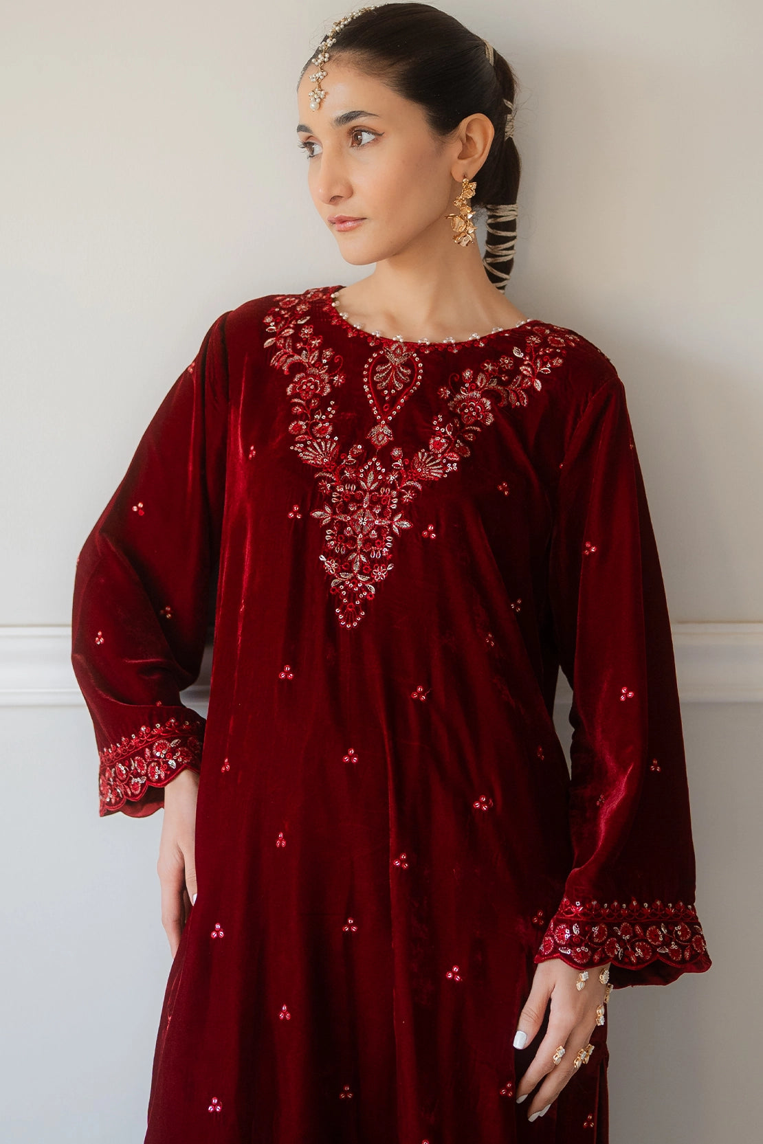 pashmina velvet Kurta Set in Blood red