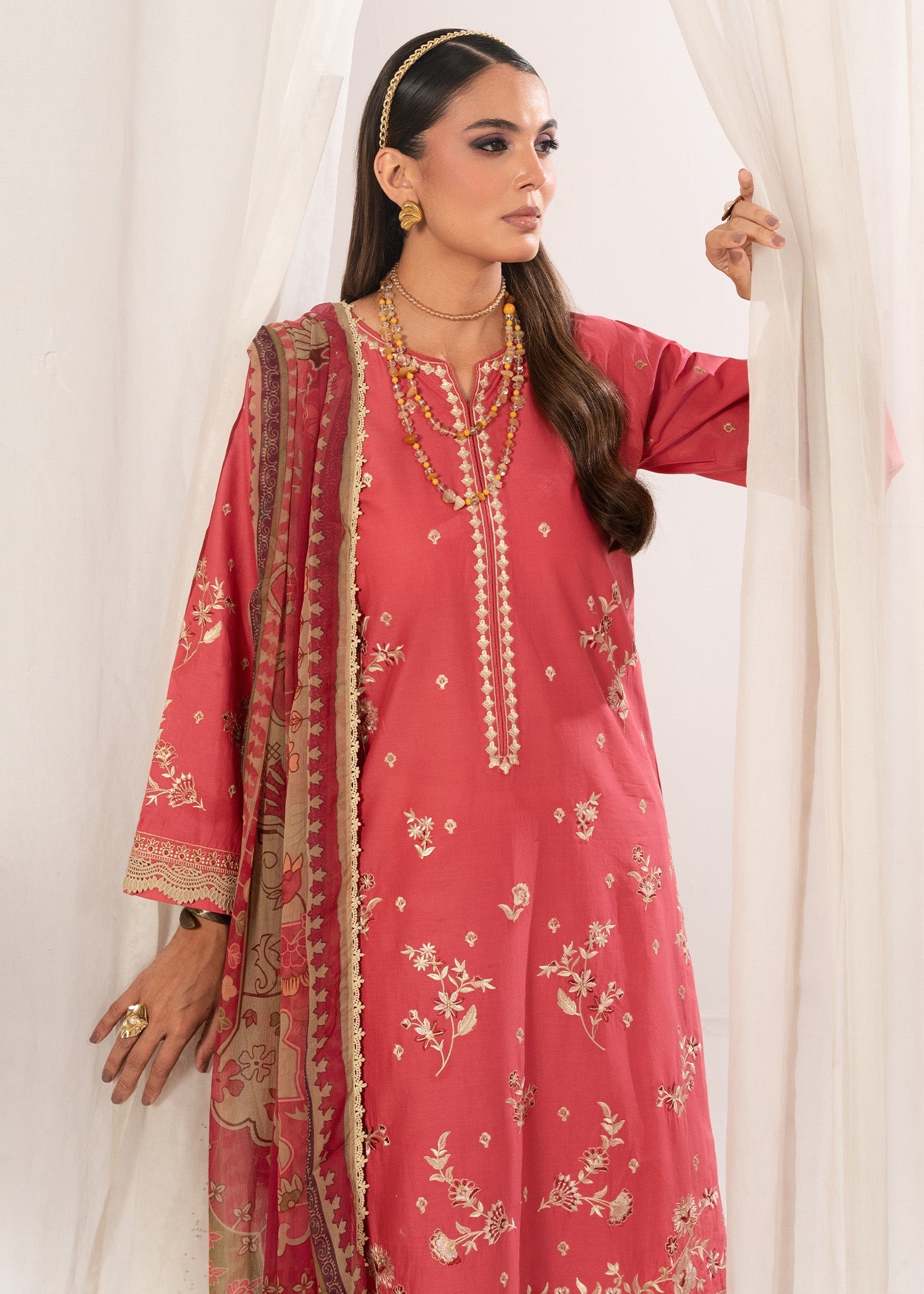 cambric cotton Kurta Set in Coral pink