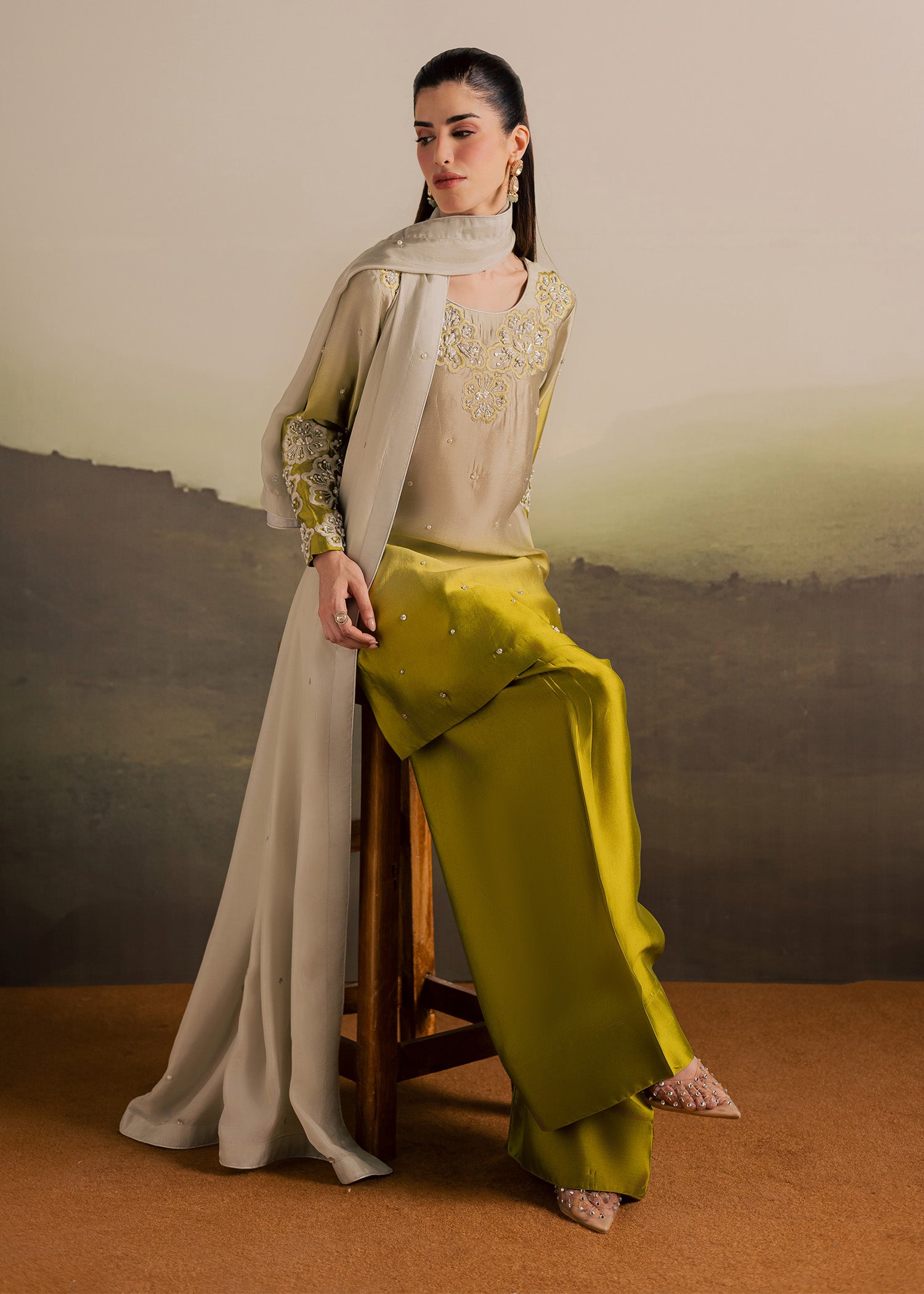tussar silk Kurta Set in Olive green