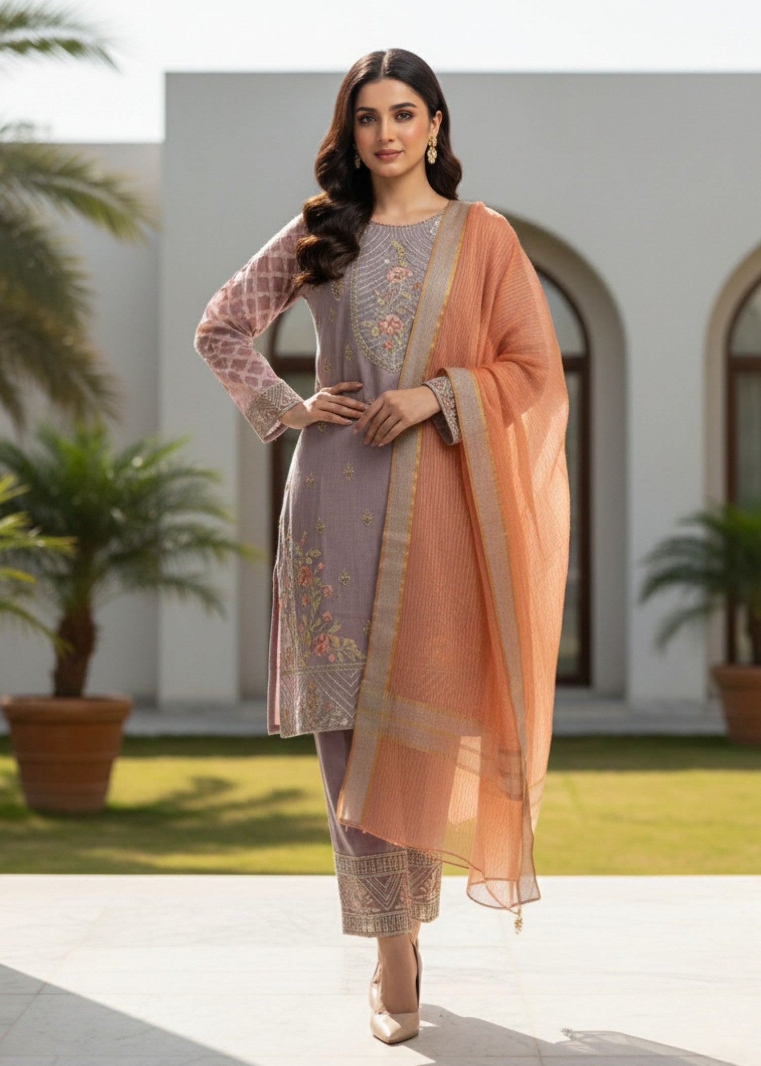 organza Kurta Set in Lavender grey
