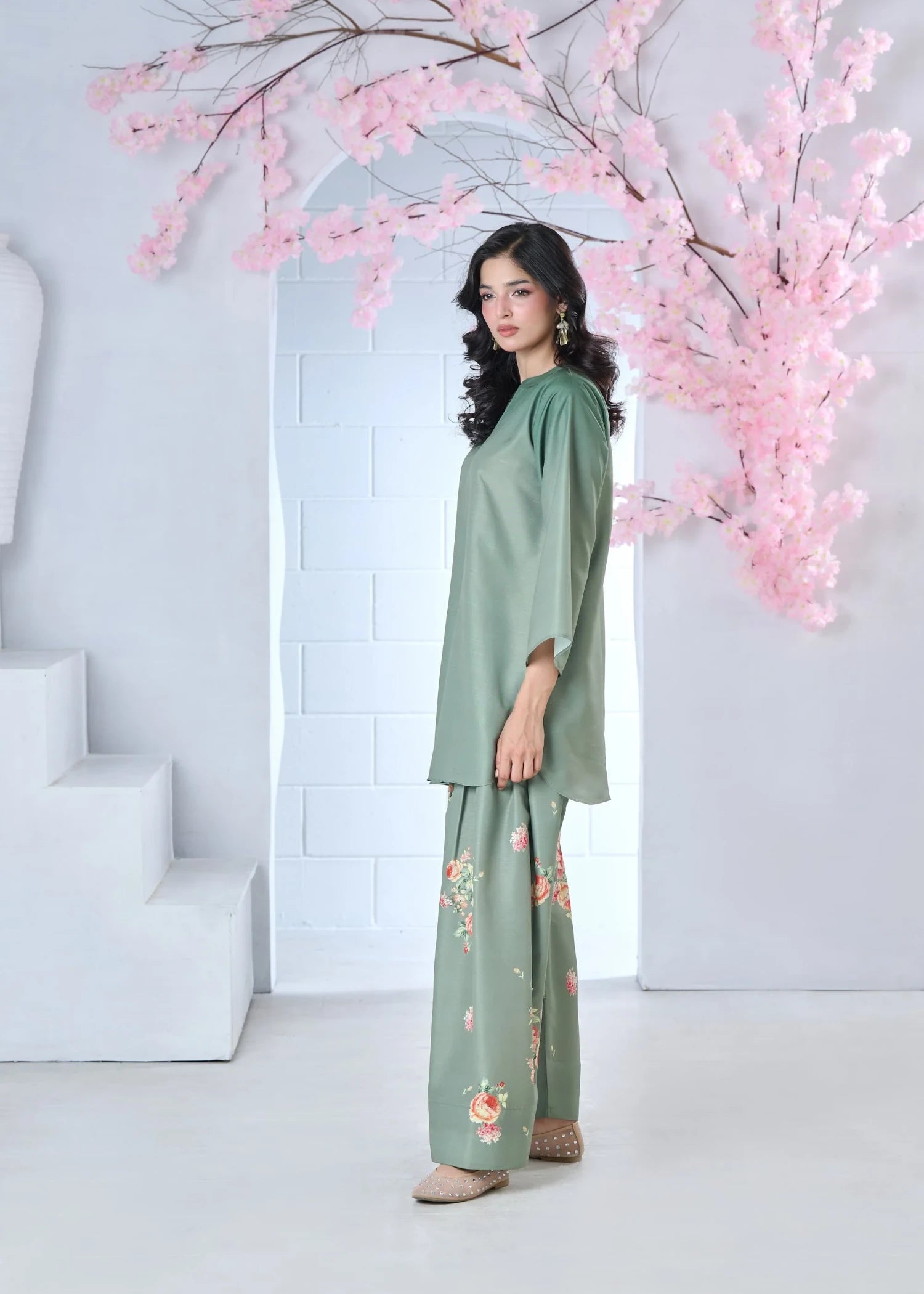 raw silk Kurta Set in Steel teal